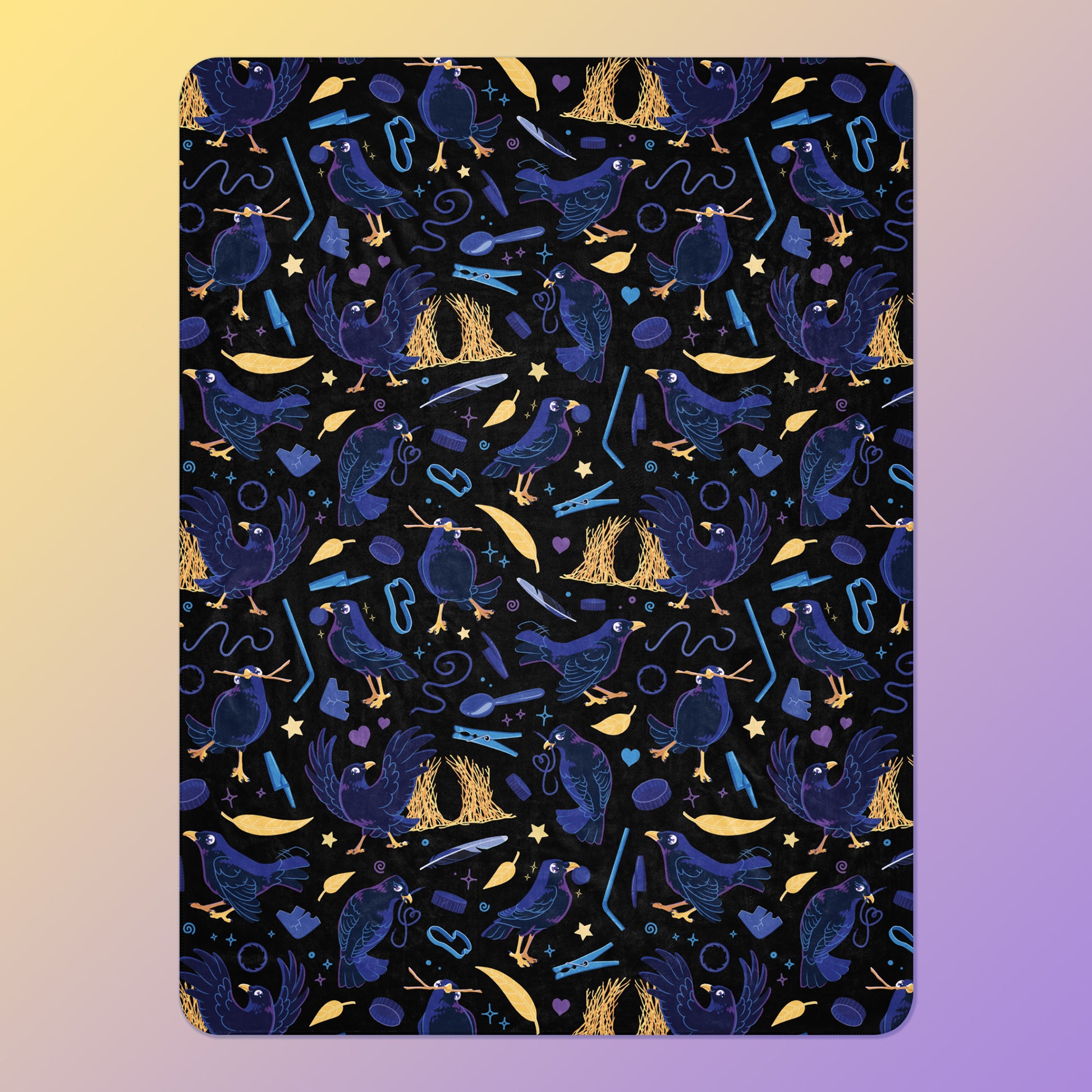 A black, blue, purple and yellow male Aussie satin bowerbird pattern blanket on a yellow and purple gradient background.