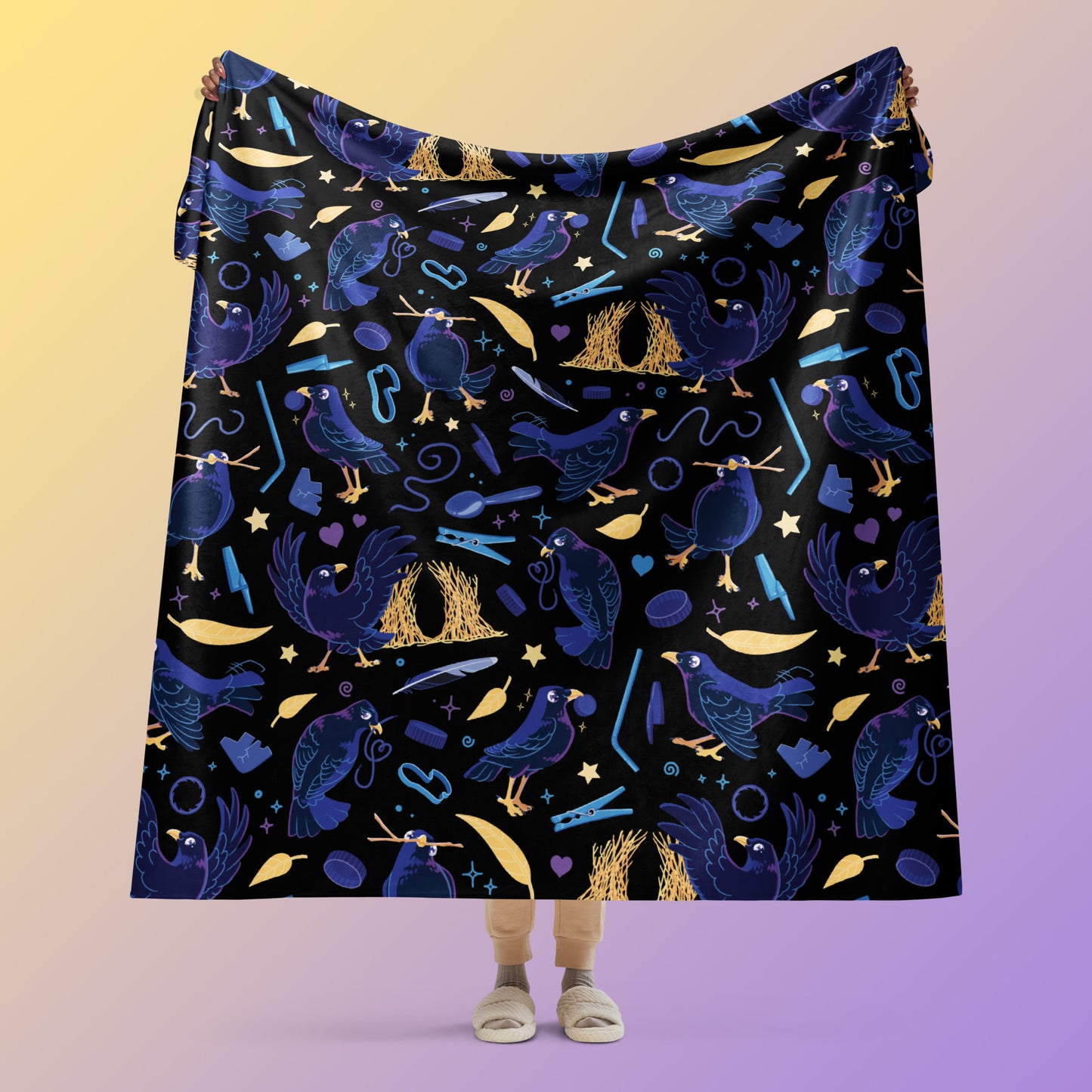Person holding a black, blue, purple and yellow male Aussie satin bowerbird pattern blanket above their head on a yellow and purple gradient background.