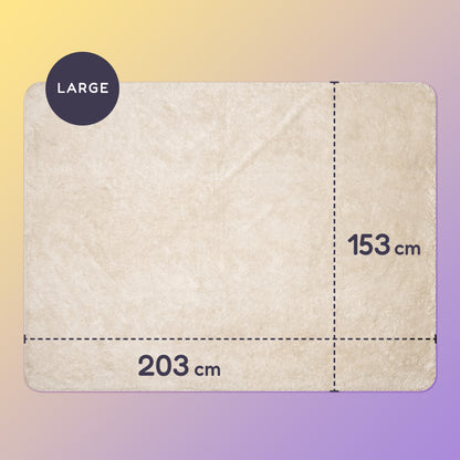 203 x 153 cm large sherpa blanket on a yellow and purple gradient background.
