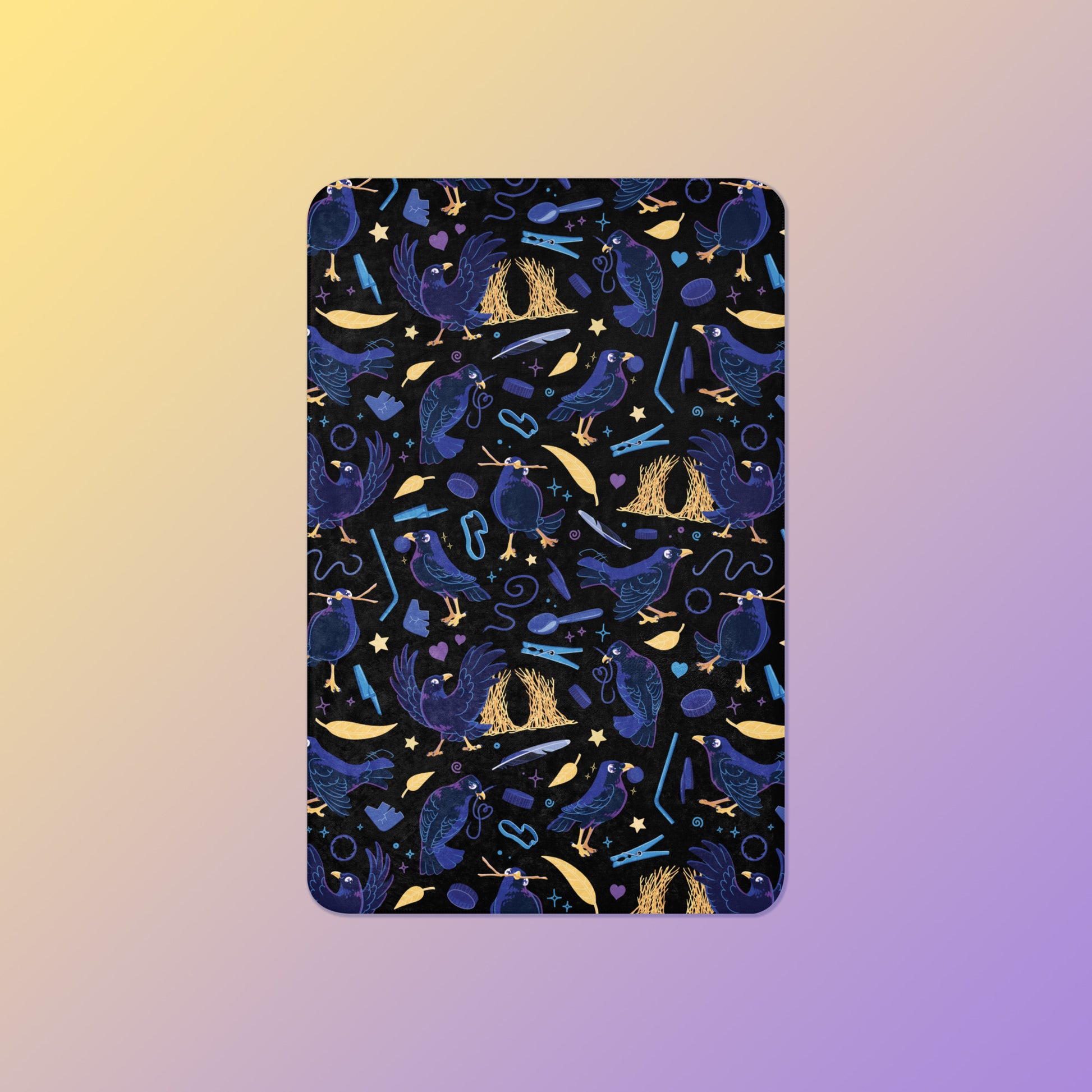 A black, blue, purple and yellow male Aussie satin bowerbird pattern blanket on a yellow and purple gradient background.
