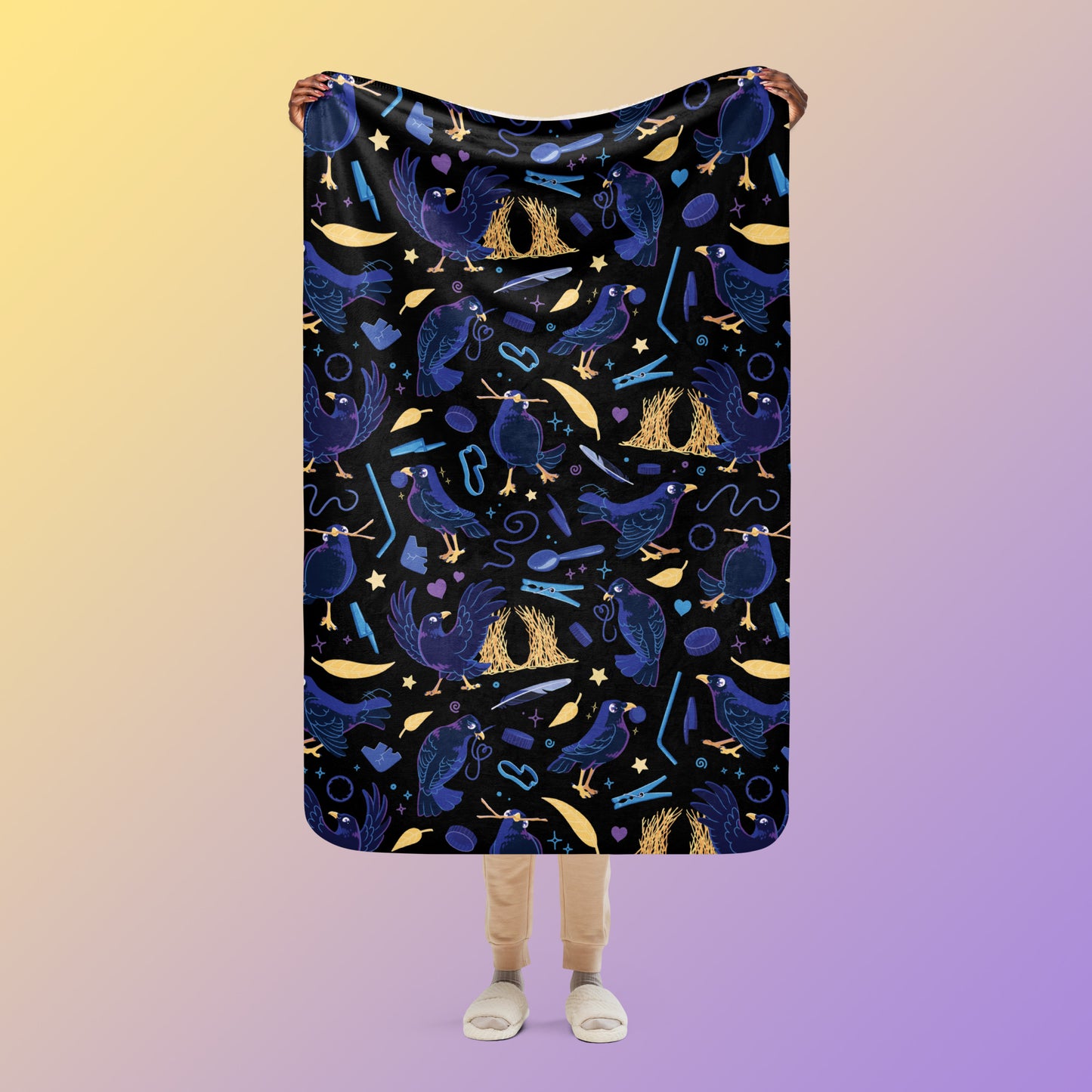 Person holding a black, blue, purple and yellow male Aussie satin bowerbird pattern blanket above their head on a yellow and purple gradient background.