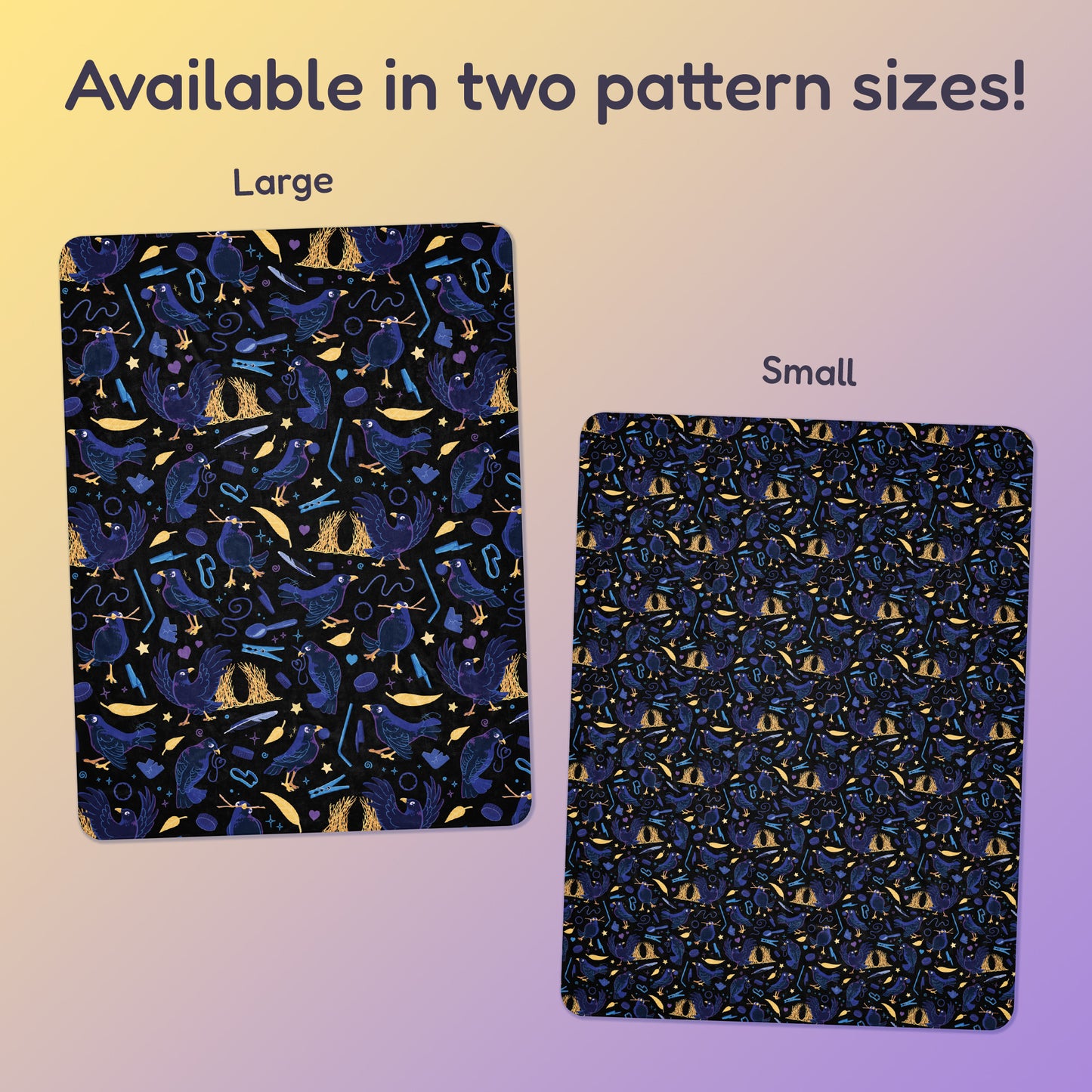 Side-by-side comparison of two pattern print sizes (Large & Small) of a black, blue, purple and yellow male Aussie satin bowerbird pattern blanket on a yellow and purple gradient background.