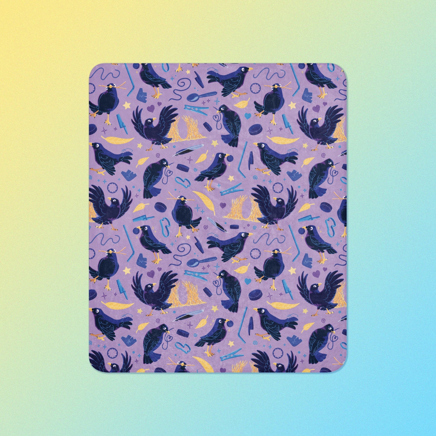 A purple, blue and yellow male Aussie satin bowerbird pattern blanket on a yellow and blue gradient background.