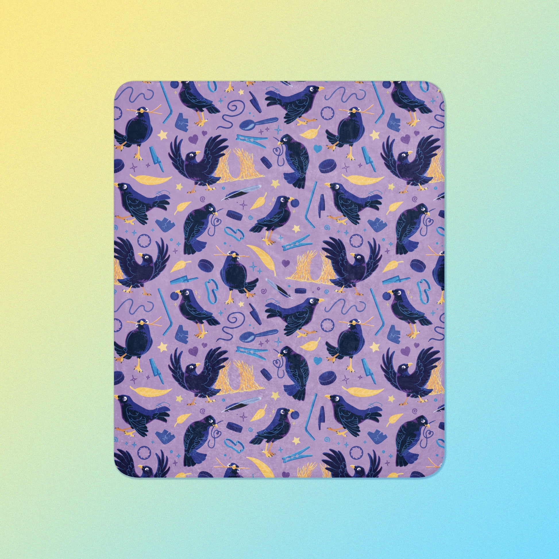 A purple, blue and yellow male Aussie satin bowerbird pattern blanket on a yellow and blue gradient background.