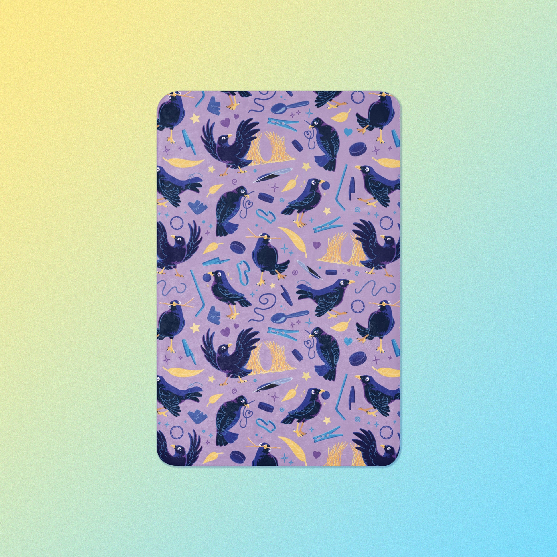 A purple, blue and yellow male Aussie satin bowerbird pattern blanket on a yellow and blue gradient background.
