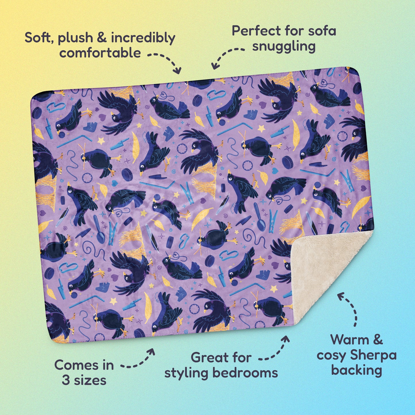 Features & benefits ('Soft, plush & incredibly comfortable', 'Perfect for sofa snuggling', 'Comes in 3 sizes', 'Great for styling bedrooms', 'Warm & cosy Sherpa backing') surrounding a purple, blue and yellow male Aussie satin bowerbird pattern blanket on a yellow and blue gradient background.