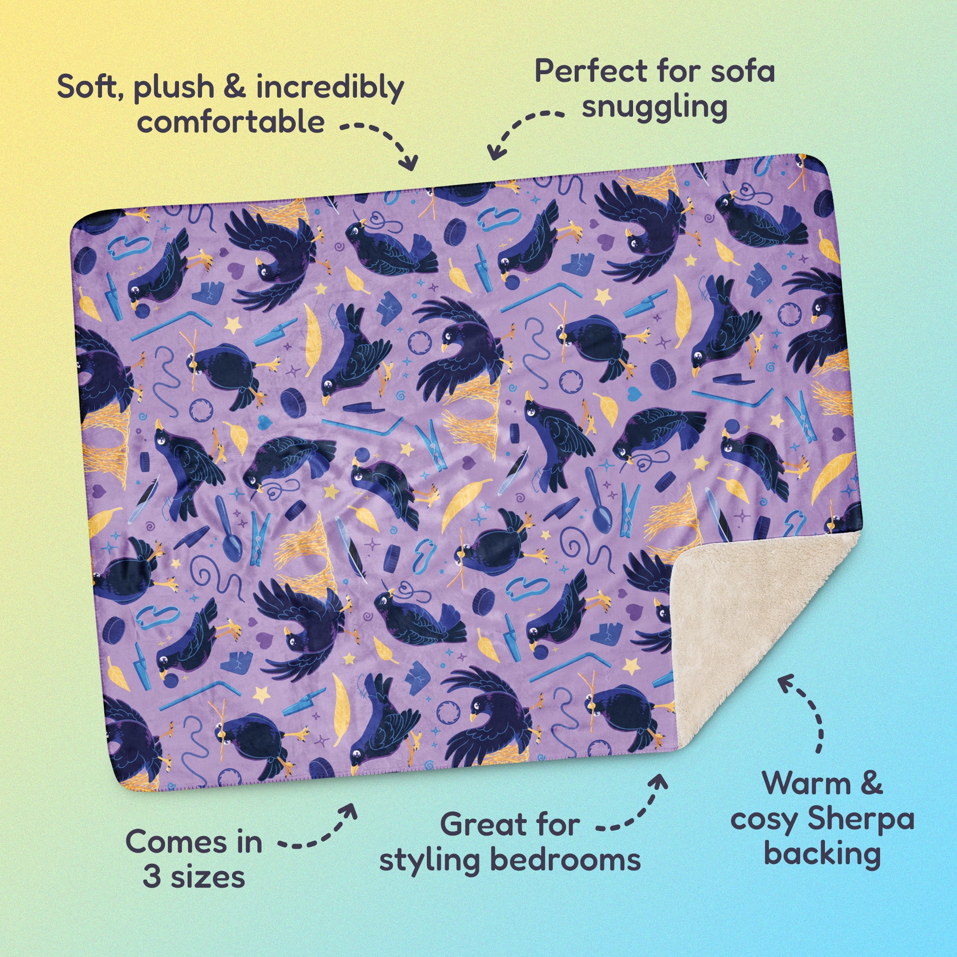 Features & benefits ('Soft, plush & incredibly comfortable', 'Perfect for sofa snuggling', 'Comes in 3 sizes', 'Great for styling bedrooms', 'Warm & cosy Sherpa backing') surrounding a purple, blue and yellow male Aussie satin bowerbird pattern blanket on a yellow and blue gradient background.