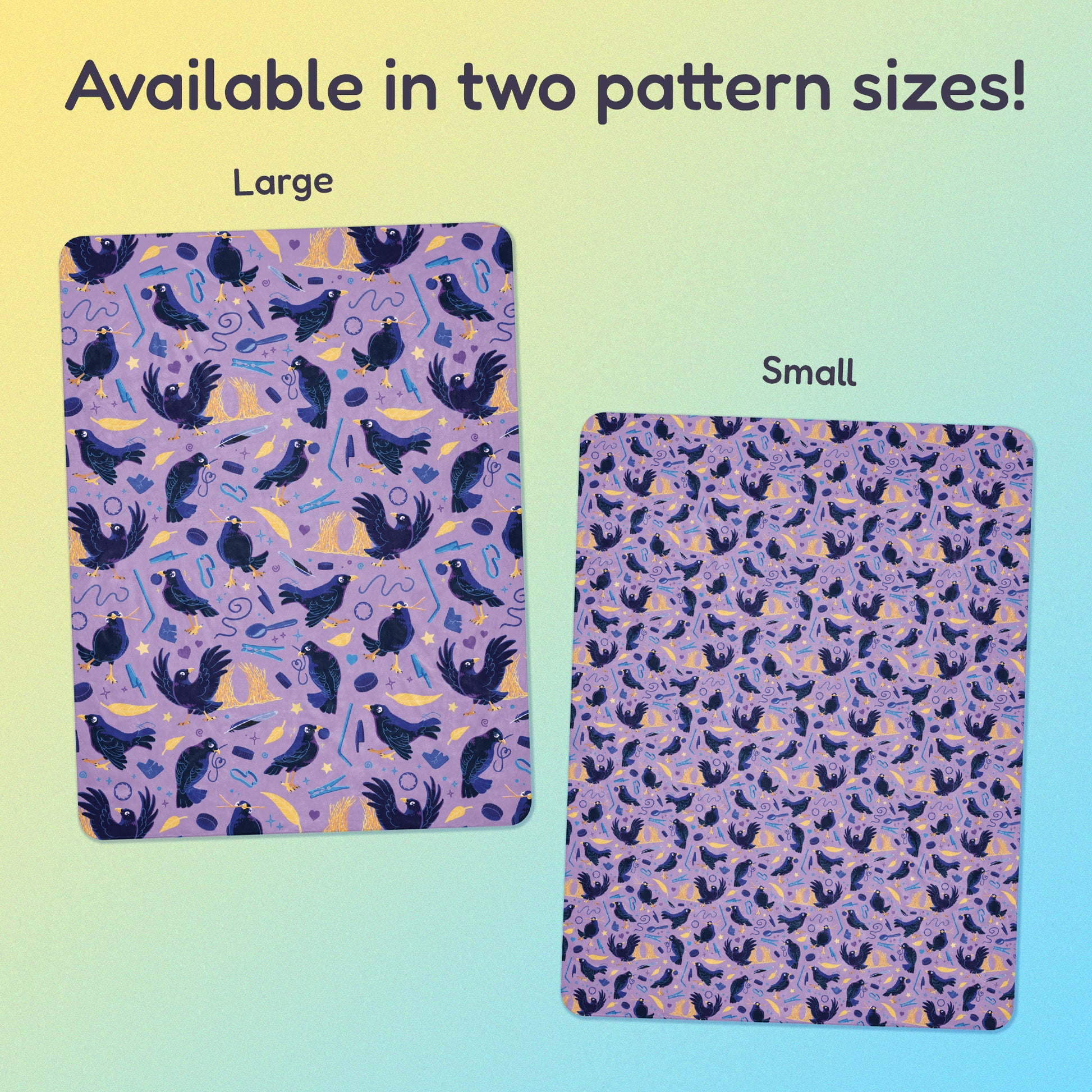 Side-by-side comparison of two pattern print sizes (Large & Small) of a purple, blue and yellow male Aussie satin bowerbird pattern blanket on a yellow and blue gradient background.