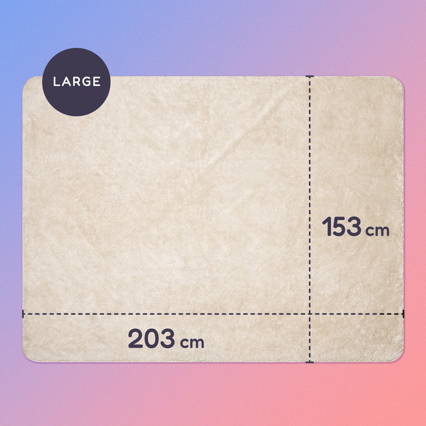 203 x 153 cm large sherpa blanket on a blue and pink gradient background.