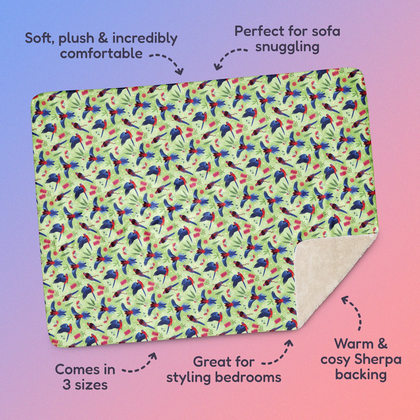 Features & benefits ('Soft, plush & incredibly comfortable', 'Perfect for sofa snuggling', 'Comes in 3 sizes', 'Great for styling bedrooms', 'Warm & cosy Sherpa backing') surrounding  a green, red and blue crimson rosella & native Aussie plant pattern blanket on a blue and pink gradient background.