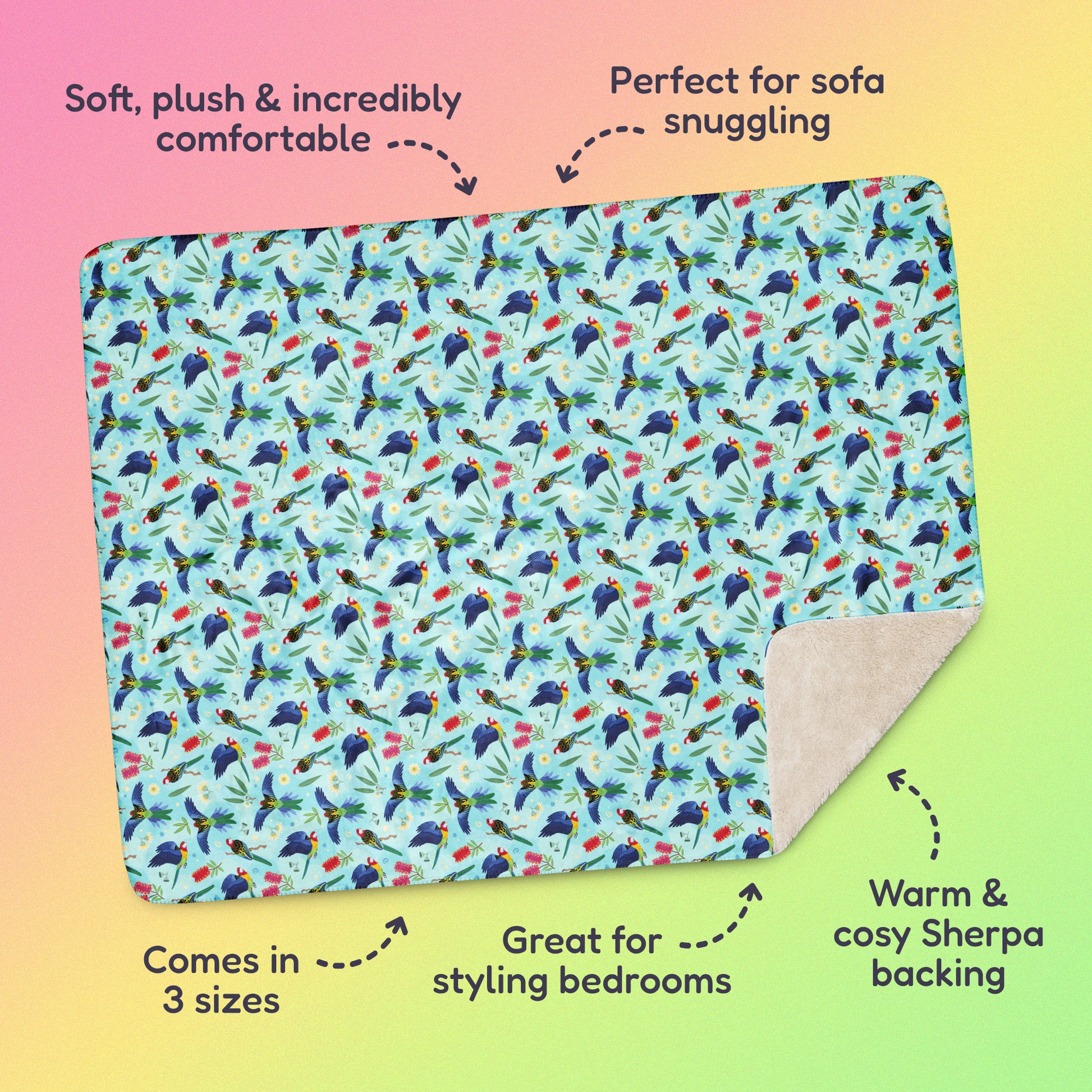 Features & benefits ('Soft, plush & incredibly comfortable', 'Perfect for sofa snuggling', 'Comes in 3 sizes', 'Great for styling bedrooms', 'Warm & cosy Sherpa backing') surrounding a blue, pink and green eastern rosella & native Aussie plant pattern blanket on a pink, yellow and green gradient background.