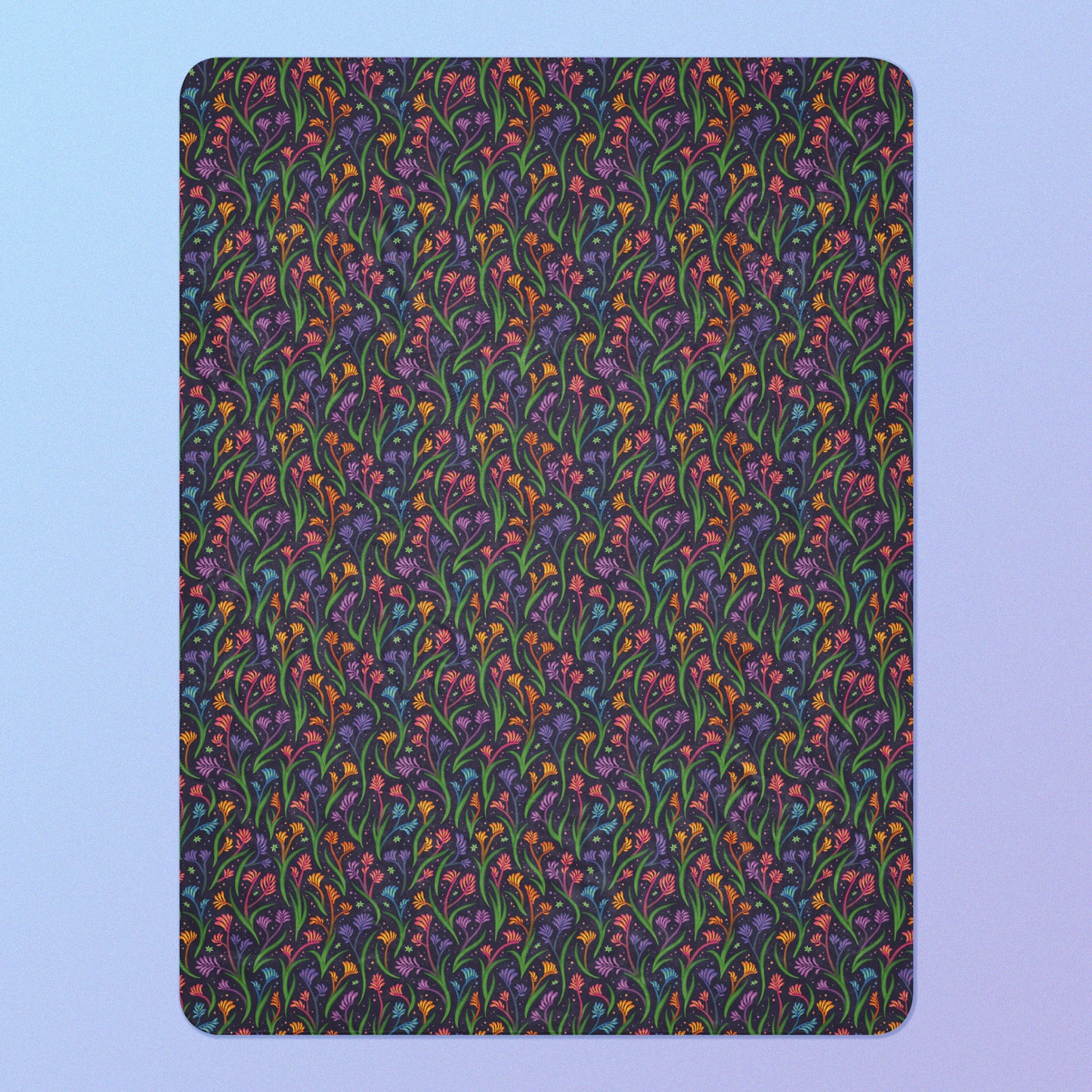 A rainbow kangaroo paw flower pattern blanket on a blue and purple gradient background.
