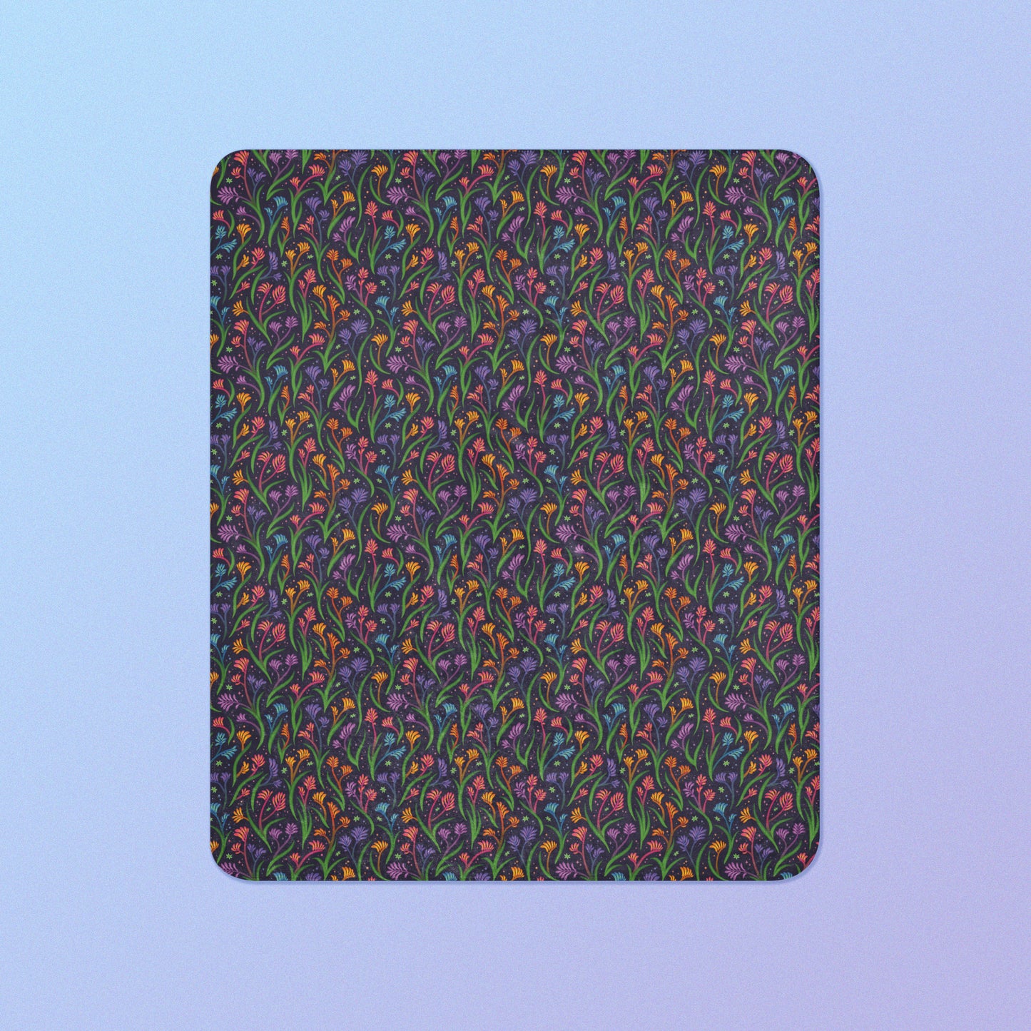 A rainbow kangaroo paw flower pattern blanket on a blue and purple gradient background.