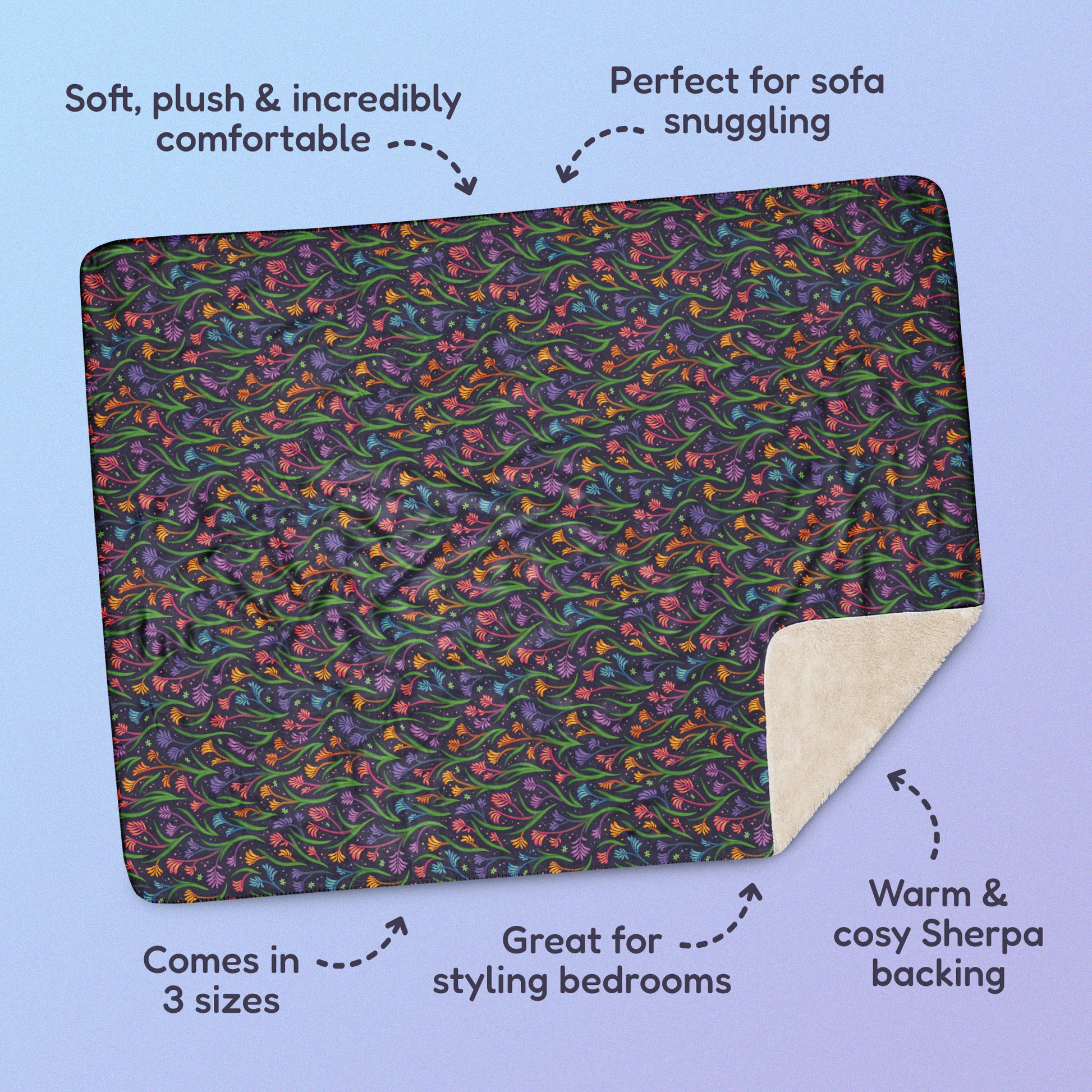 Features & benefits ('Soft, plush & incredibly comfortable', 'Perfect for sofa snuggling', 'Comes in 3 sizes', 'Great for styling bedrooms', 'Warm & cosy Sherpa backing') surrounding a rainbow kangaroo paw flower pattern blanket on a blue and purple gradient background.