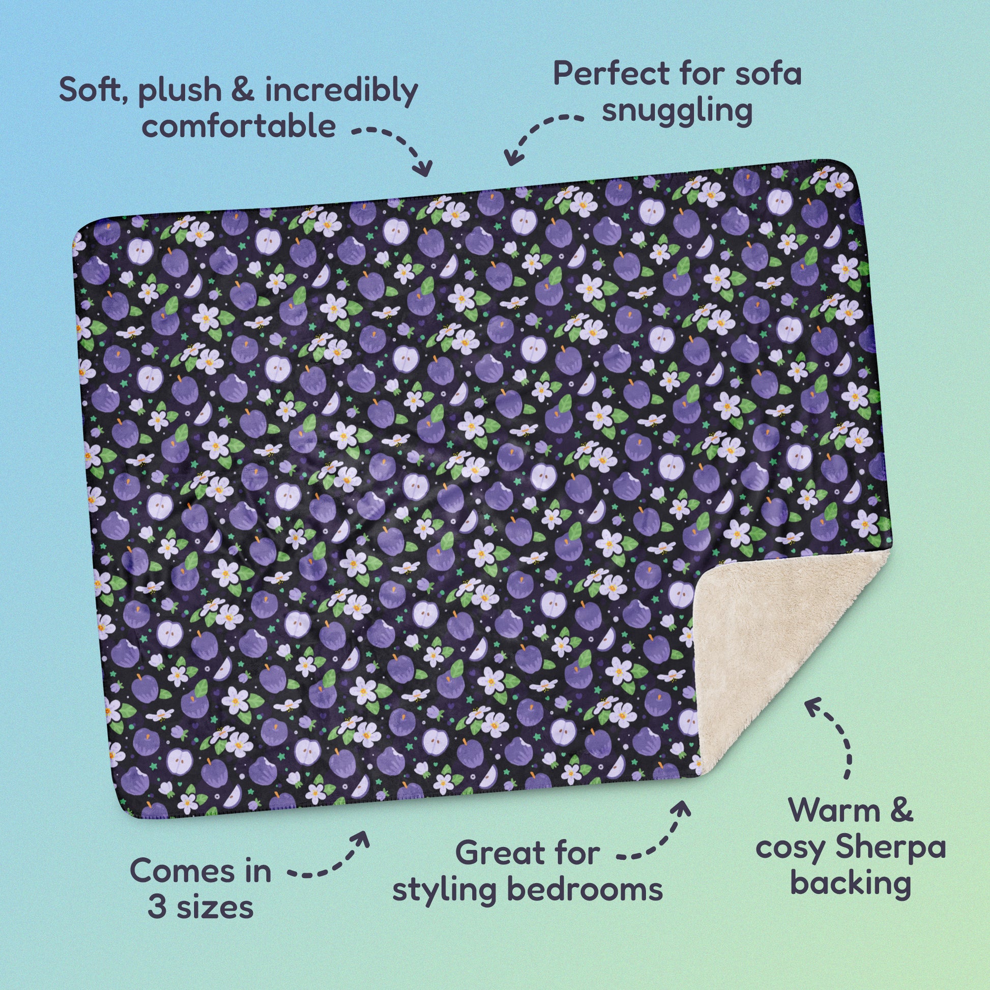 Features & benefits ('Soft, plush & incredibly comfortable', 'Perfect for sofa snuggling', 'Comes in 3 sizes', 'Great for styling bedrooms', 'Warm & cosy Sherpa backing') surrounding a purple apples & blossoms pattern blanket on a blue and green gradient background.
