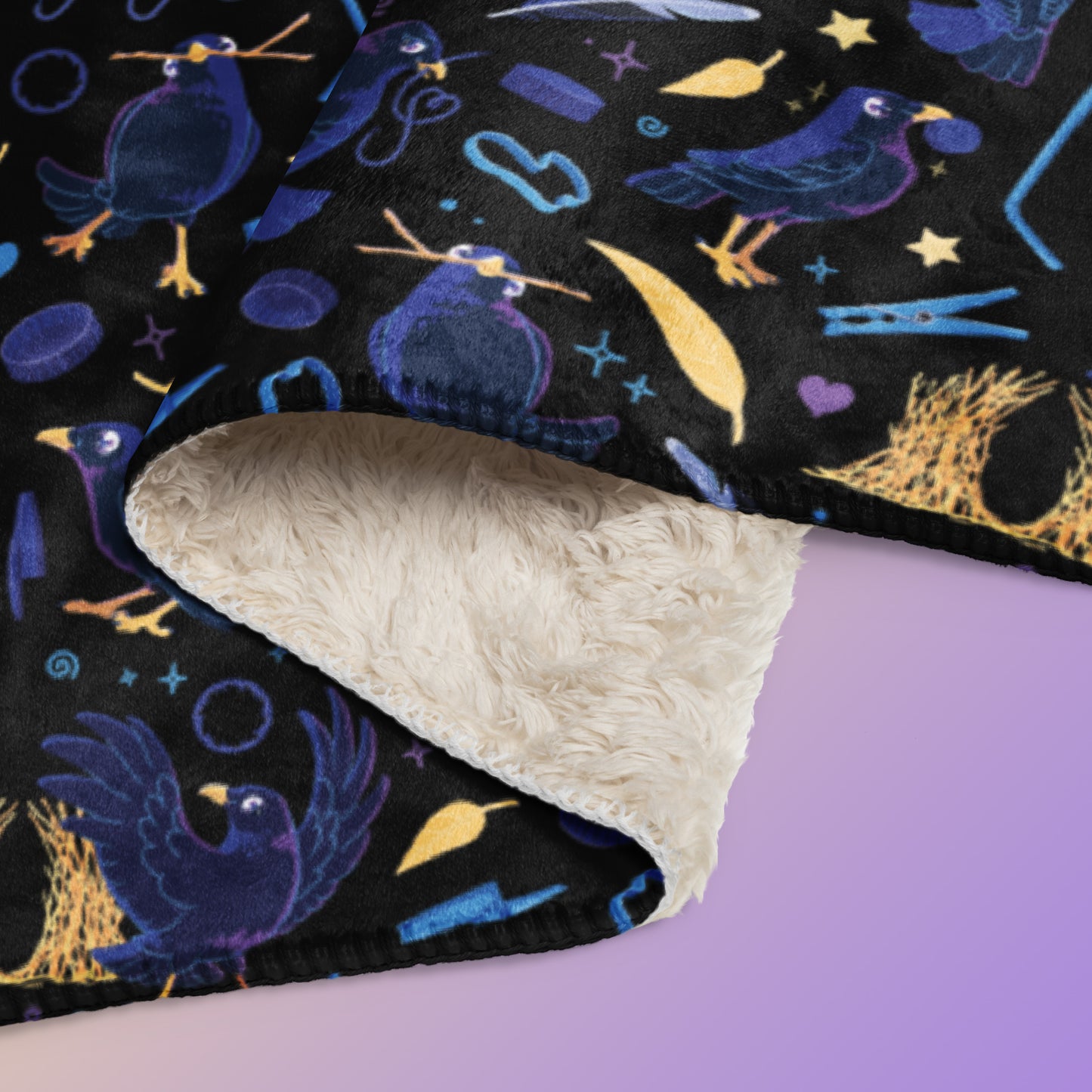Close up detail of a folded black, blue, purple and yellow male Aussie satin bowerbird pattern blanket on a yellow and purple gradient background.