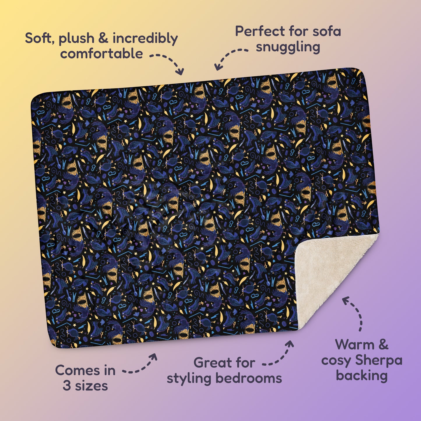 Features & benefits ('Soft, plush & incredibly comfortable', 'Perfect for sofa snuggling', 'Comes in 3 sizes', 'Great for styling bedrooms', 'Warm & cosy Sherpa backing') surrounding a black, blue, purple and yellow male Aussie satin bowerbird pattern blanket on a yellow and purple gradient background.