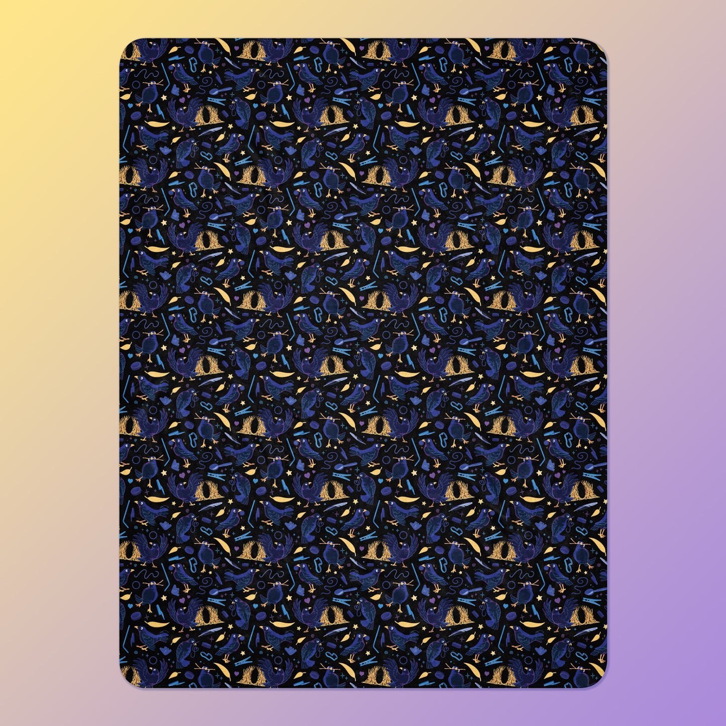 A black, blue, purple and yellow male Aussie satin bowerbird pattern blanket on a yellow and purple gradient background.