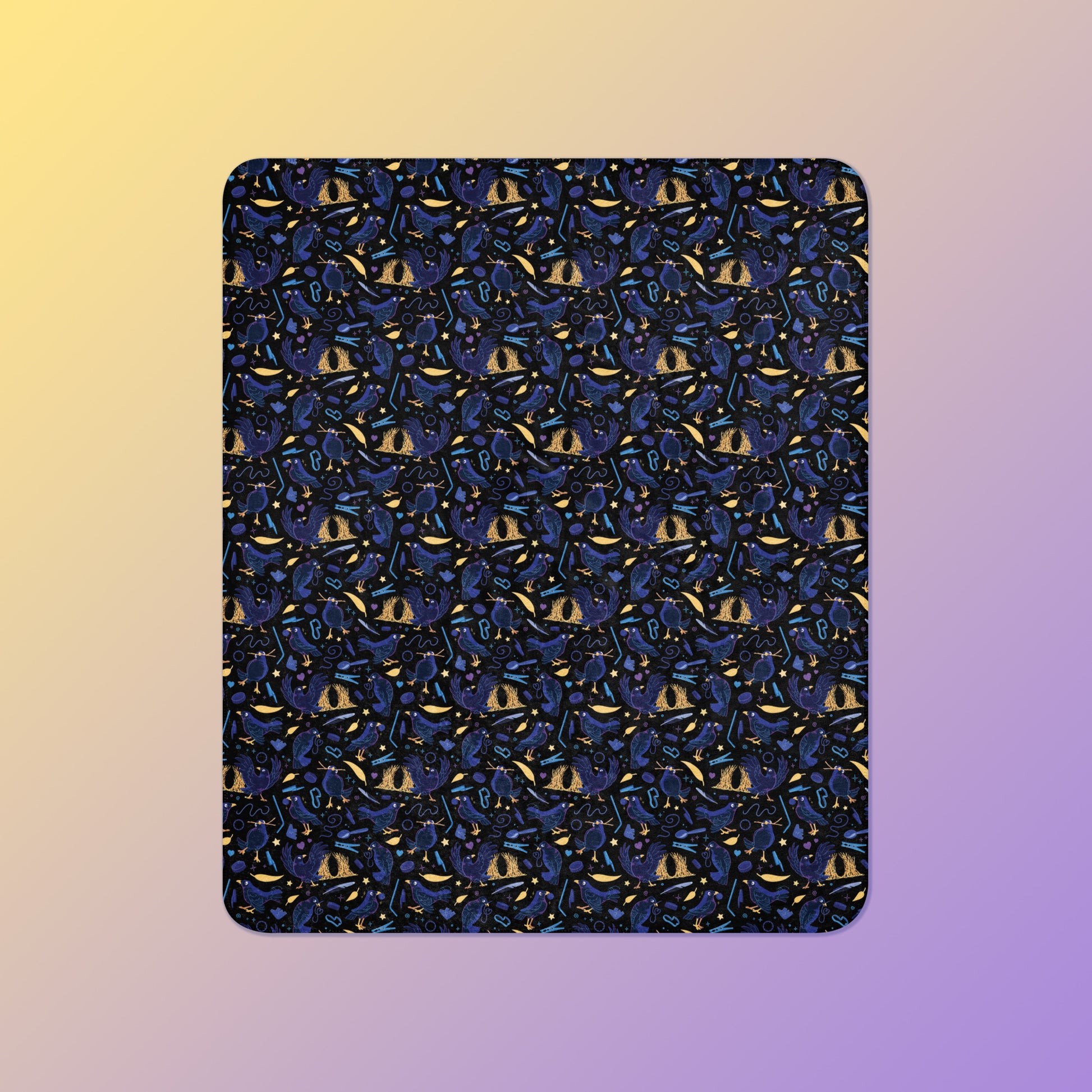 A black, blue, purple and yellow male Aussie satin bowerbird pattern blanket on a yellow and purple gradient background.