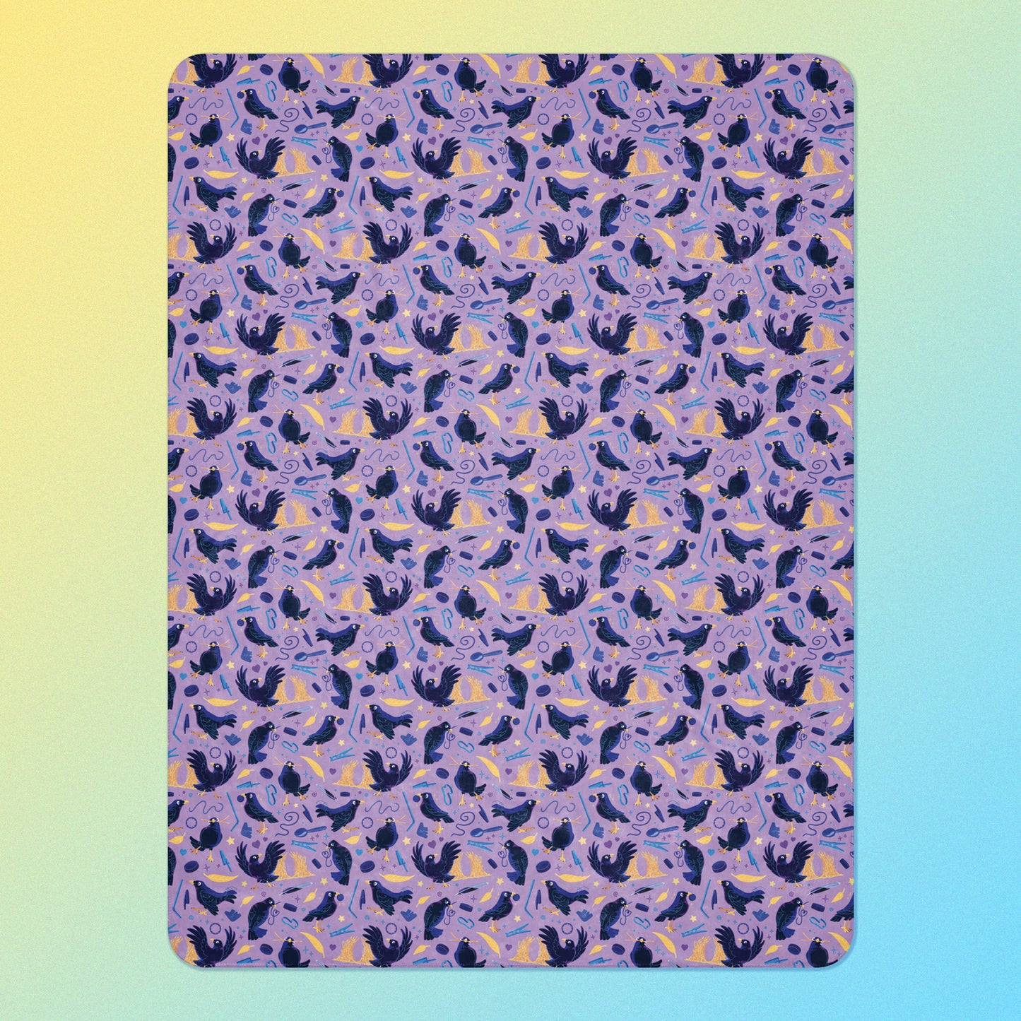 A purple, blue and yellow male Aussie satin bowerbird pattern blanket on a yellow and blue gradient background.