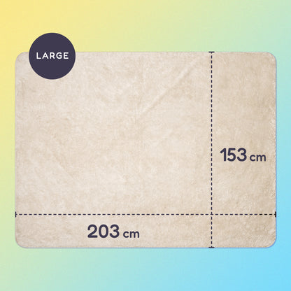 203 x 153 cm large sherpa blanket on a yellow and blue gradient background.