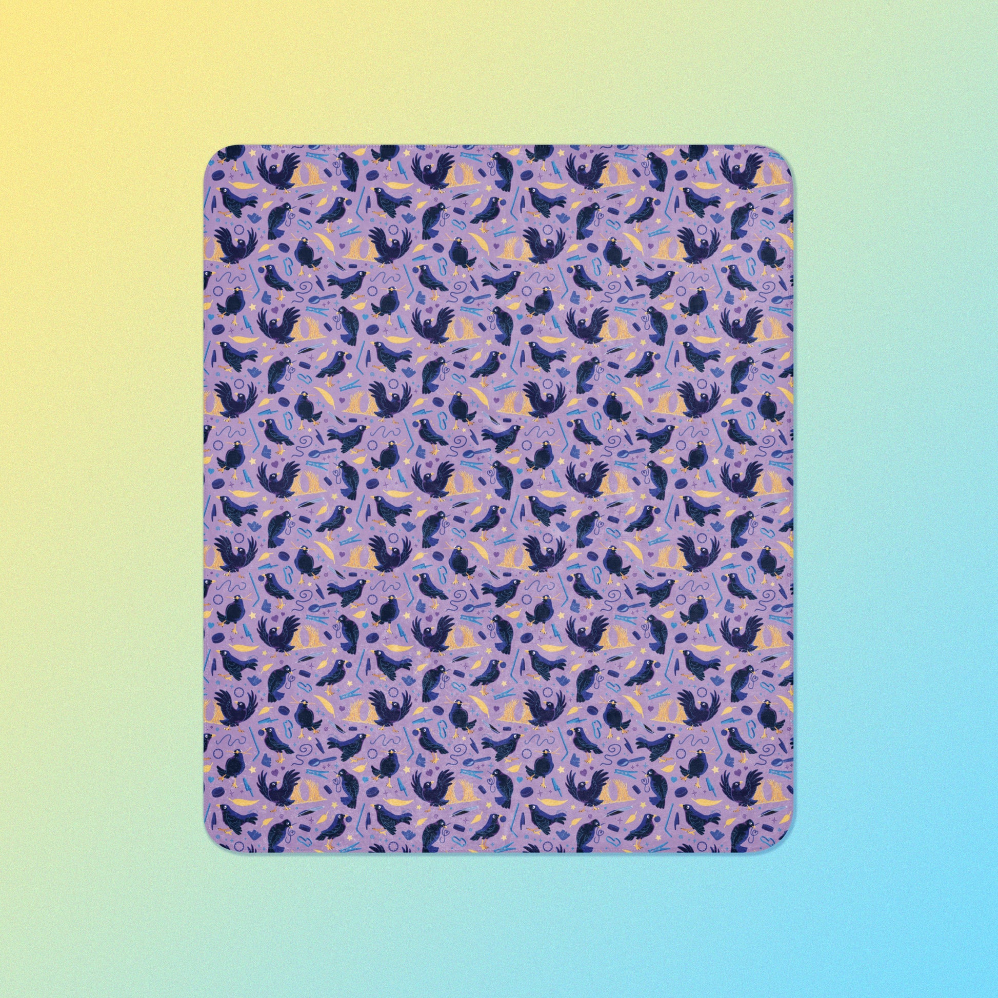 A purple, blue and yellow male Aussie satin bowerbird pattern blanket on a yellow and blue gradient background.