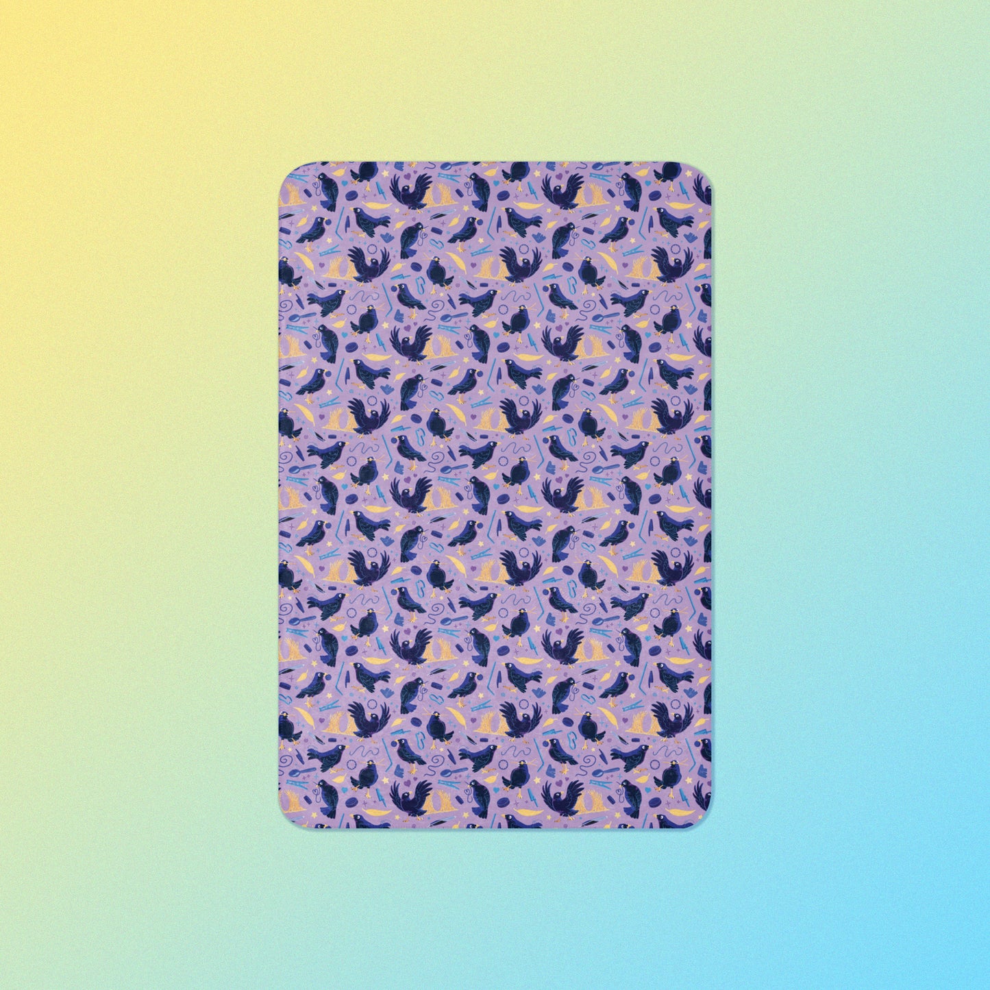 A purple, blue and yellow male Aussie satin bowerbird pattern blanket on a yellow and blue gradient background.