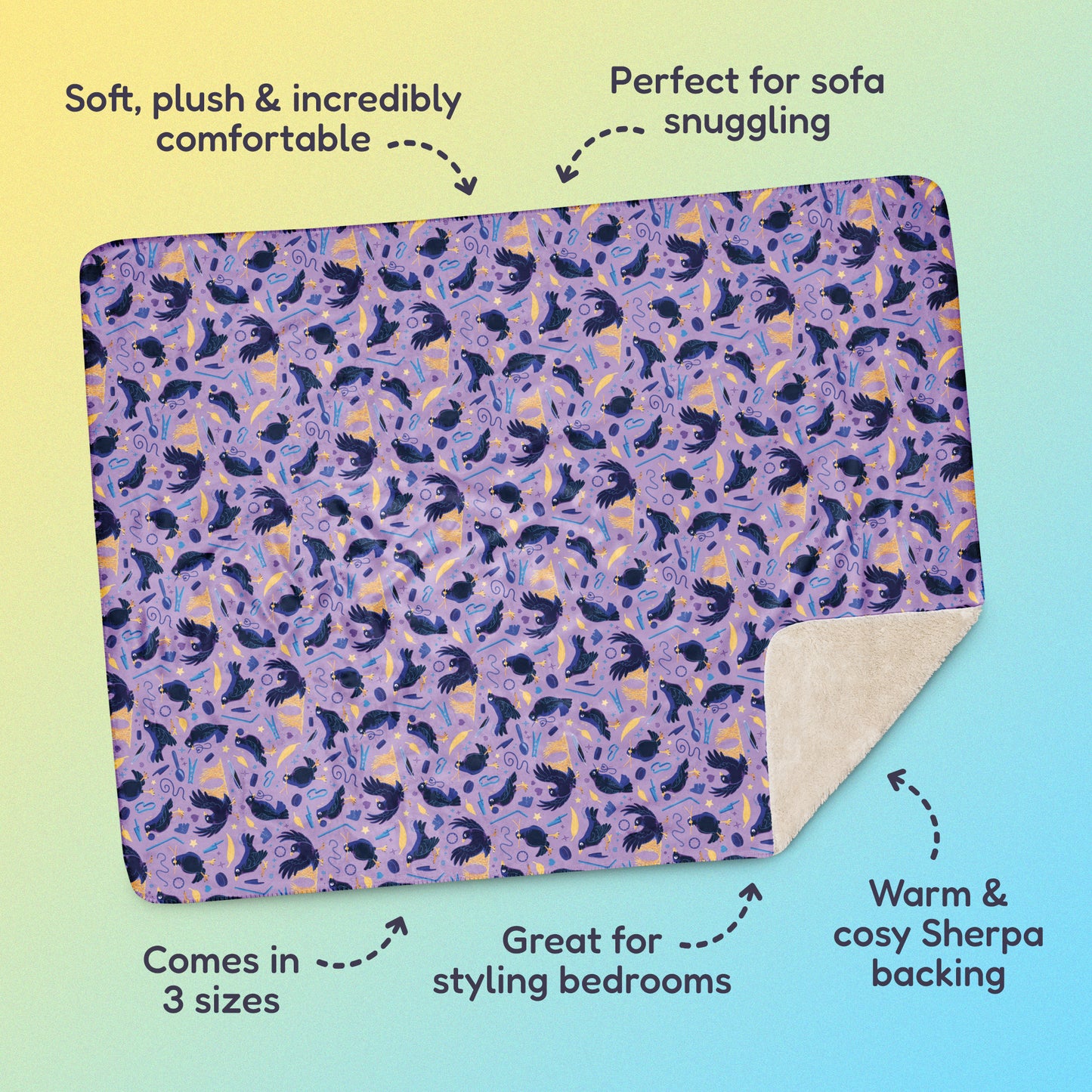 Features & benefits ('Soft, plush & incredibly comfortable', 'Perfect for sofa snuggling', 'Comes in 3 sizes', 'Great for styling bedrooms', 'Warm & cosy Sherpa backing') surrounding a purple, blue and yellow male Aussie satin bowerbird pattern blanket on a yellow and blue gradient background.