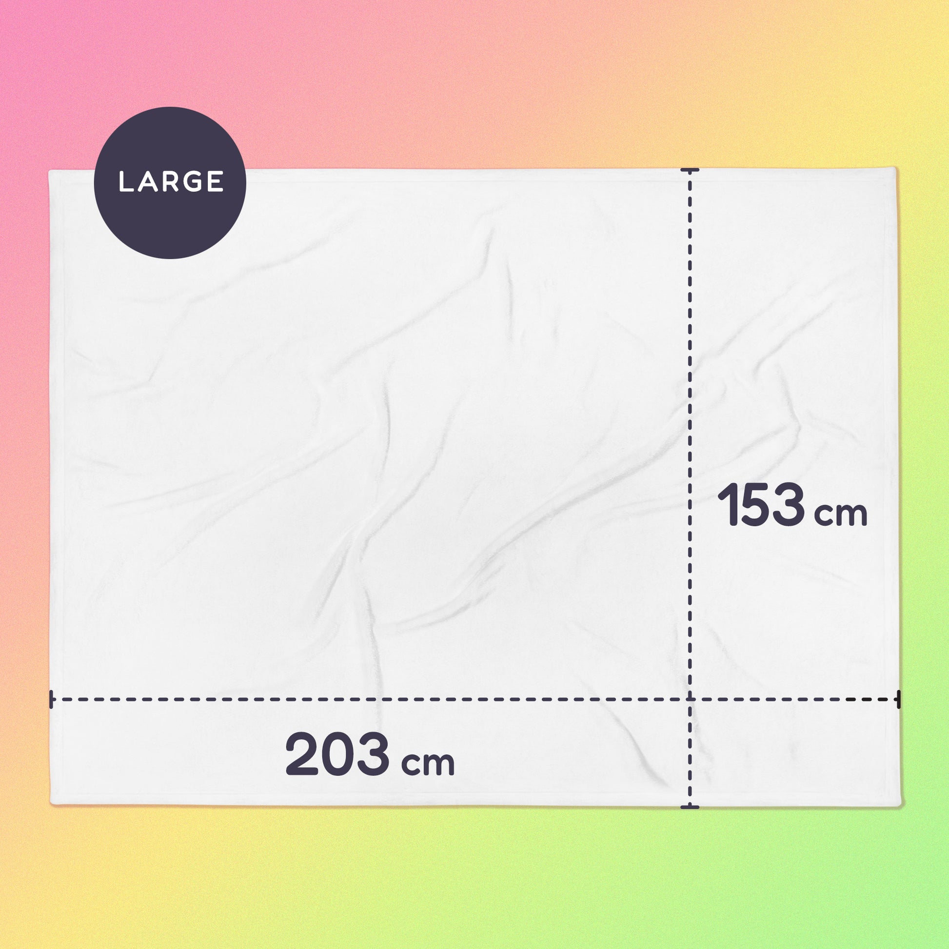203 x 153 cm large throw blanket on a pink, yellow and green gradient background.