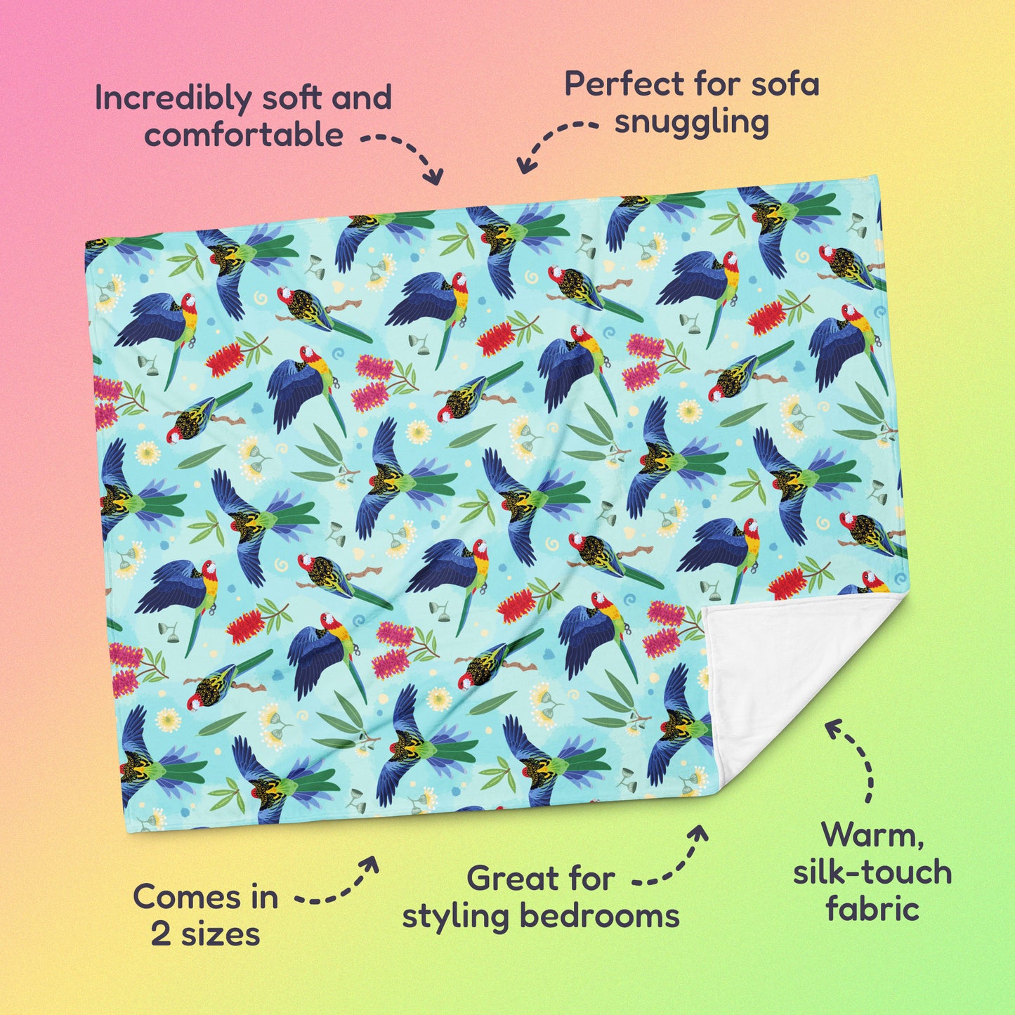 Features & benefits (Incredibly soft & comfortable', 'Perfect for sofa snuggling', 'Comes in 2 sizes', 'Great for styling bedrooms', 'Warm silk-touch fabric') surrounding a blue, pink and green eastern rosella & native Aussie plant pattern blanket on a pink, yellow and green gradient background.
