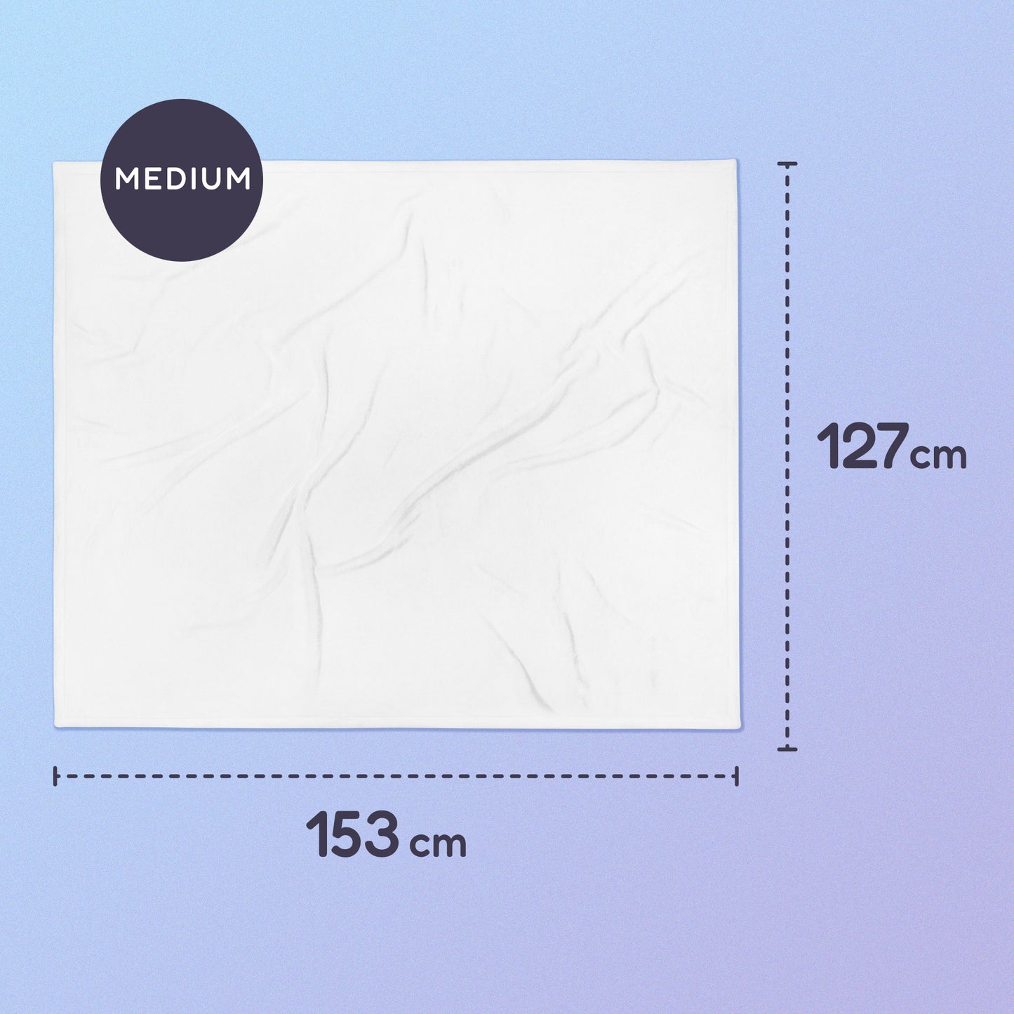 153 x 127cm medium throw blanket on a blue and purple gradient background.
