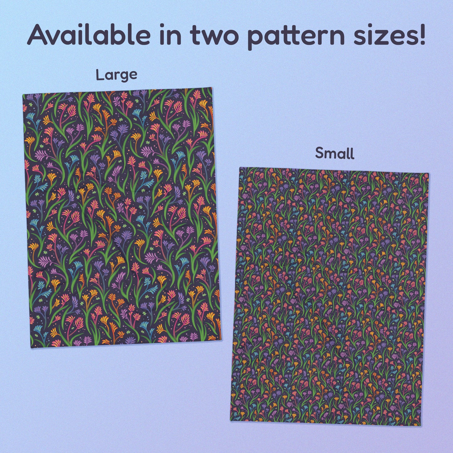 Side-by-side comparison of two pattern print sizes (Large & Small) of a rainbow kangaroo paw flower pattern blanket on a blue and purple gradient background.