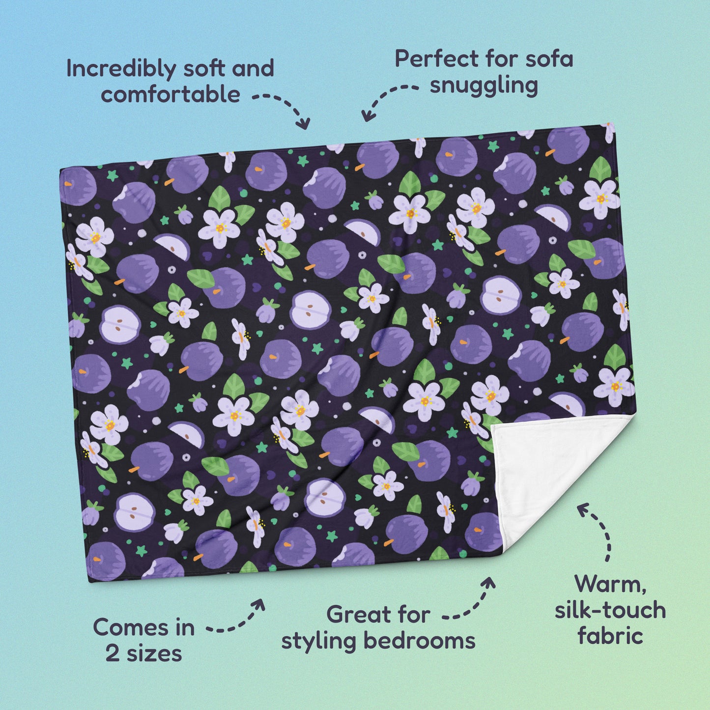 Features & benefits (Incredibly soft & comfortable', 'Perfect for sofa snuggling', 'Comes in 2 sizes', 'Great for styling bedrooms', 'Warm silk-touch fabric') surrounding a purple apples & blossoms pattern blanket on a blue and green gradient background.