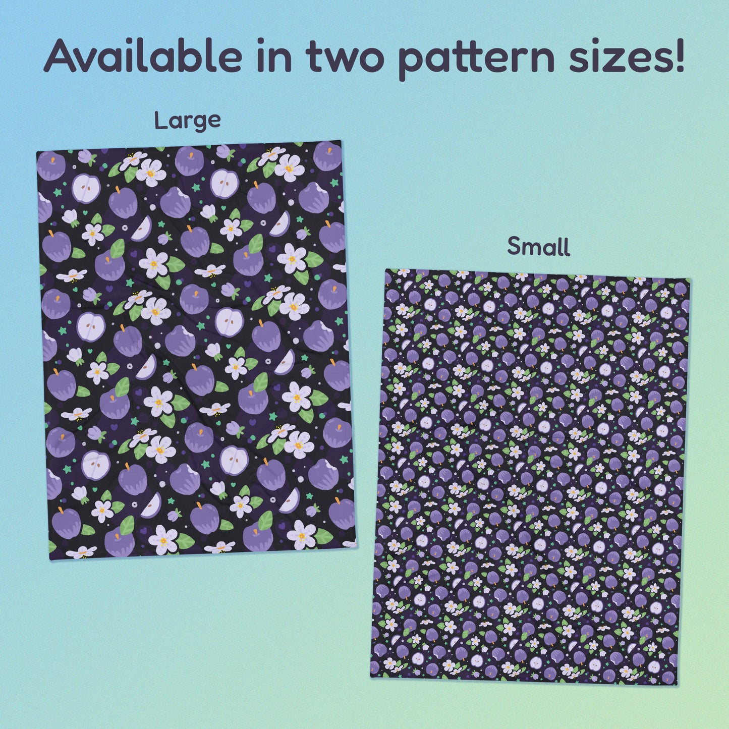 Side-by-side comparison of two pattern print sizes (Large & Small) of a purple apples & blossoms pattern blanket on a blue and green gradient background.