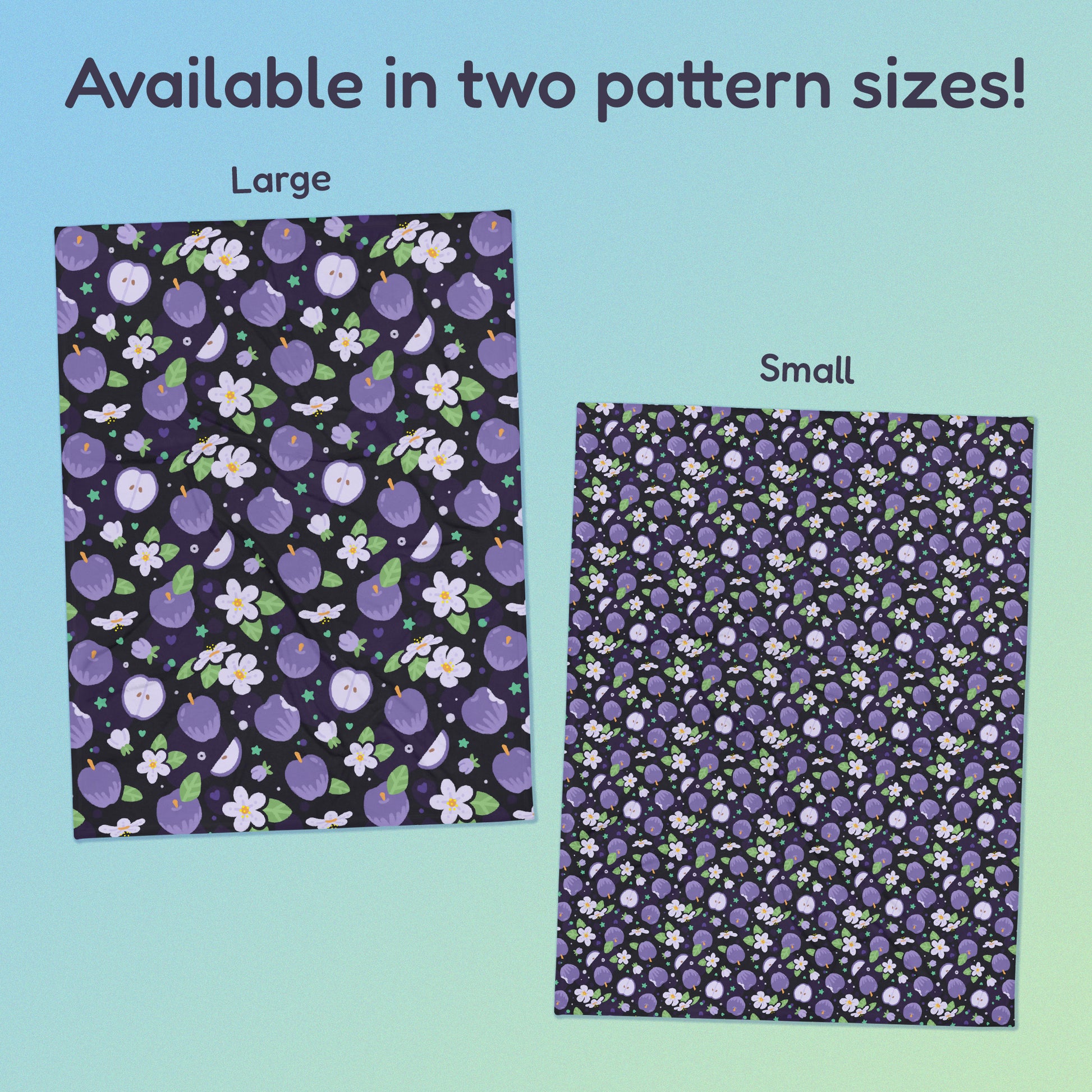 Side-by-side comparison of two pattern print sizes (Large & Small) of a purple apples & blossoms pattern blanket on a blue and green gradient background.