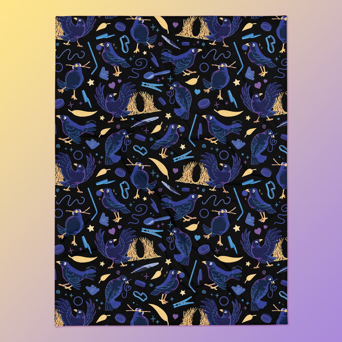 A black, blue, purple and yellow male Aussie satin bowerbird pattern blanket on a yellow and purple gradient background.