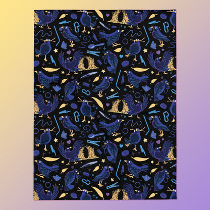 A black, blue, purple and yellow male Aussie satin bowerbird pattern blanket on a yellow and purple gradient background.