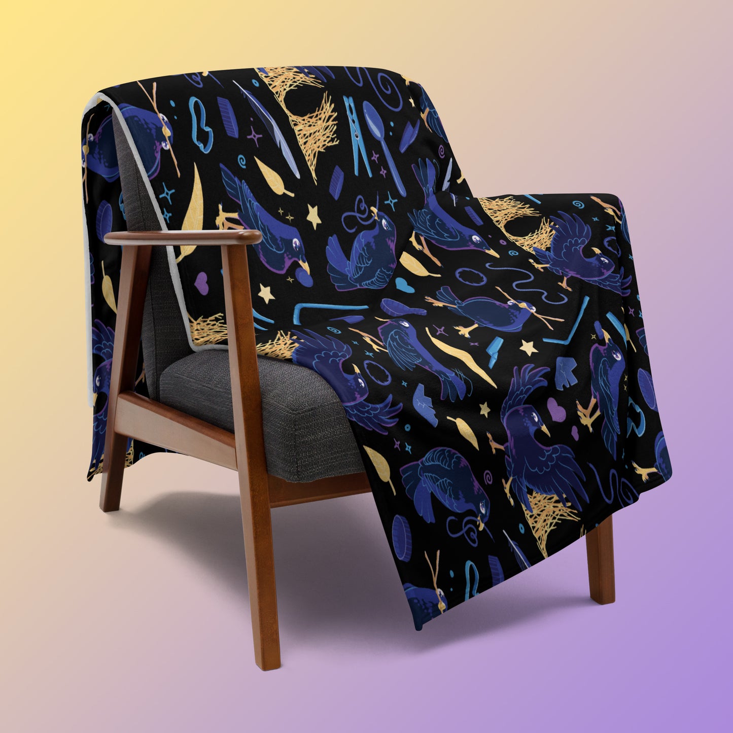 A black, blue, purple and yellow male Aussie satin bowerbird pattern blanket draped over a wooden chair on a yellow and purple gradient background.