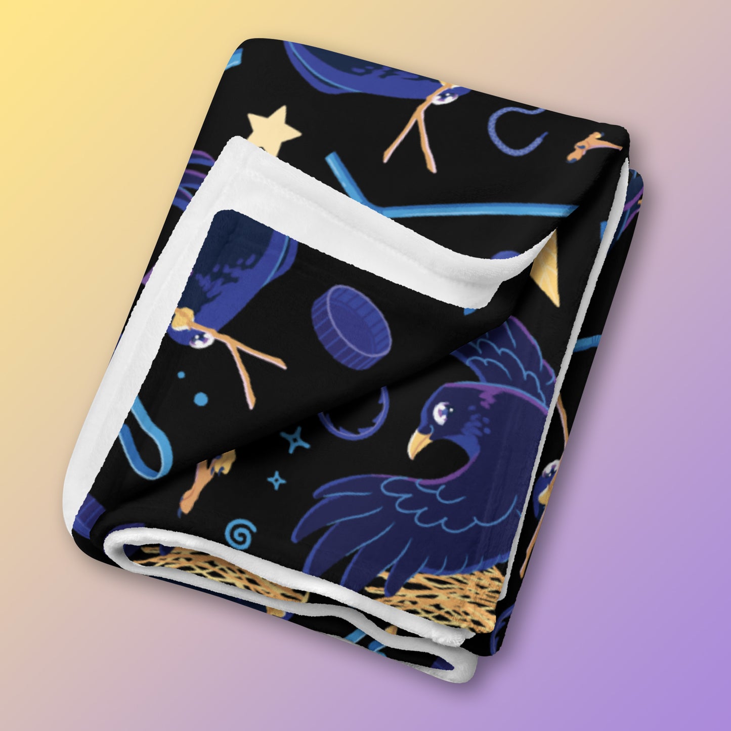 A folded black, blue, purple and yellow male Aussie satin bowerbird pattern blanket on a yellow and purple gradient background.