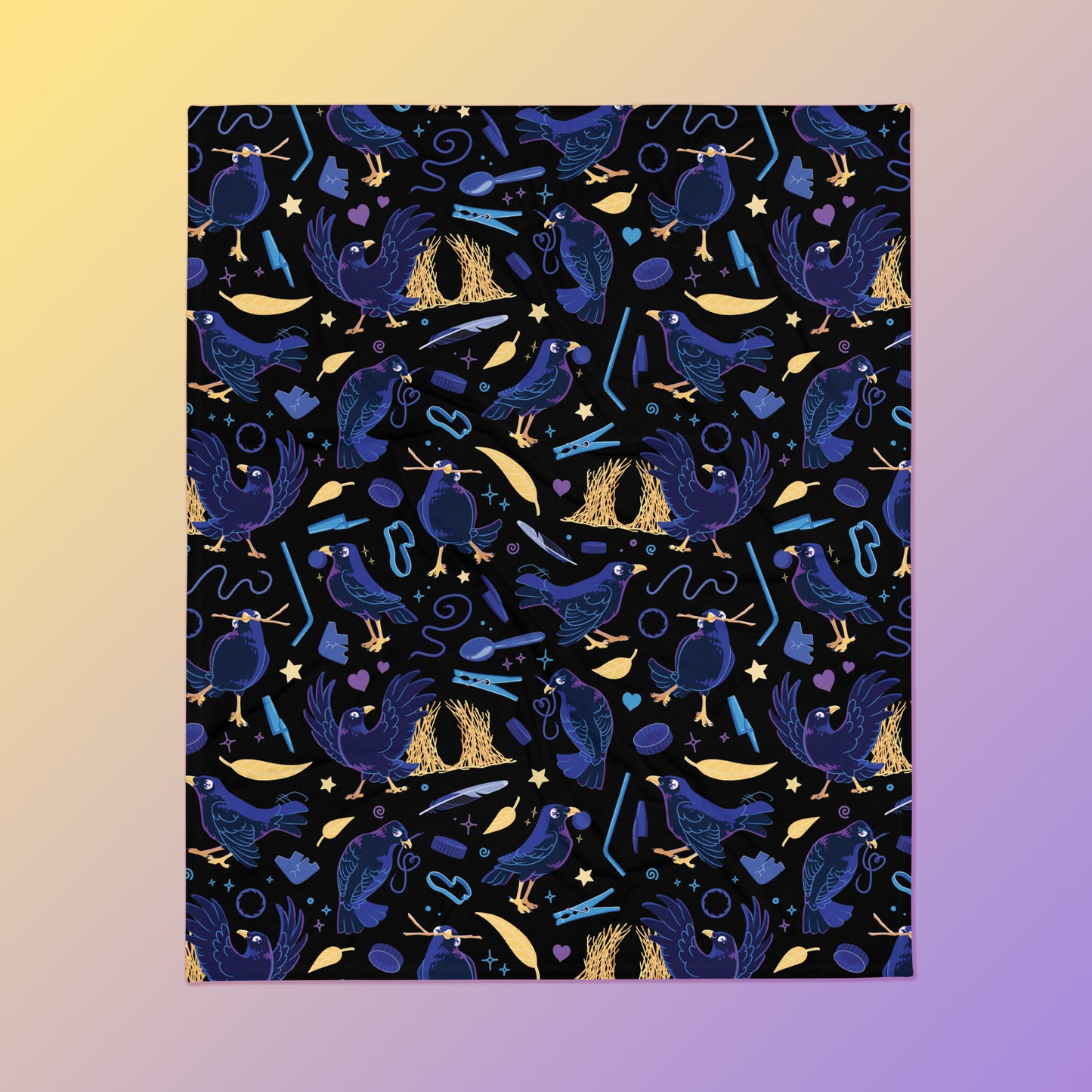A black, blue, purple and yellow male Aussie satin bowerbird pattern blanket on a yellow and purple gradient background.