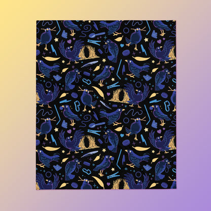 A black, blue, purple and yellow male Aussie satin bowerbird pattern blanket on a yellow and purple gradient background.