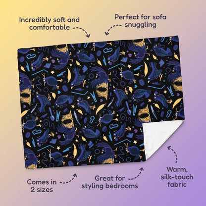 Features & benefits (Incredibly soft & comfortable', 'Perfect for sofa snuggling', 'Comes in 2 sizes', 'Great for styling bedrooms', 'Warm silk-touch fabric') surrounding a black, blue, purple and yellow male Aussie satin bowerbird pattern blanket on a yellow and purple gradient background.
