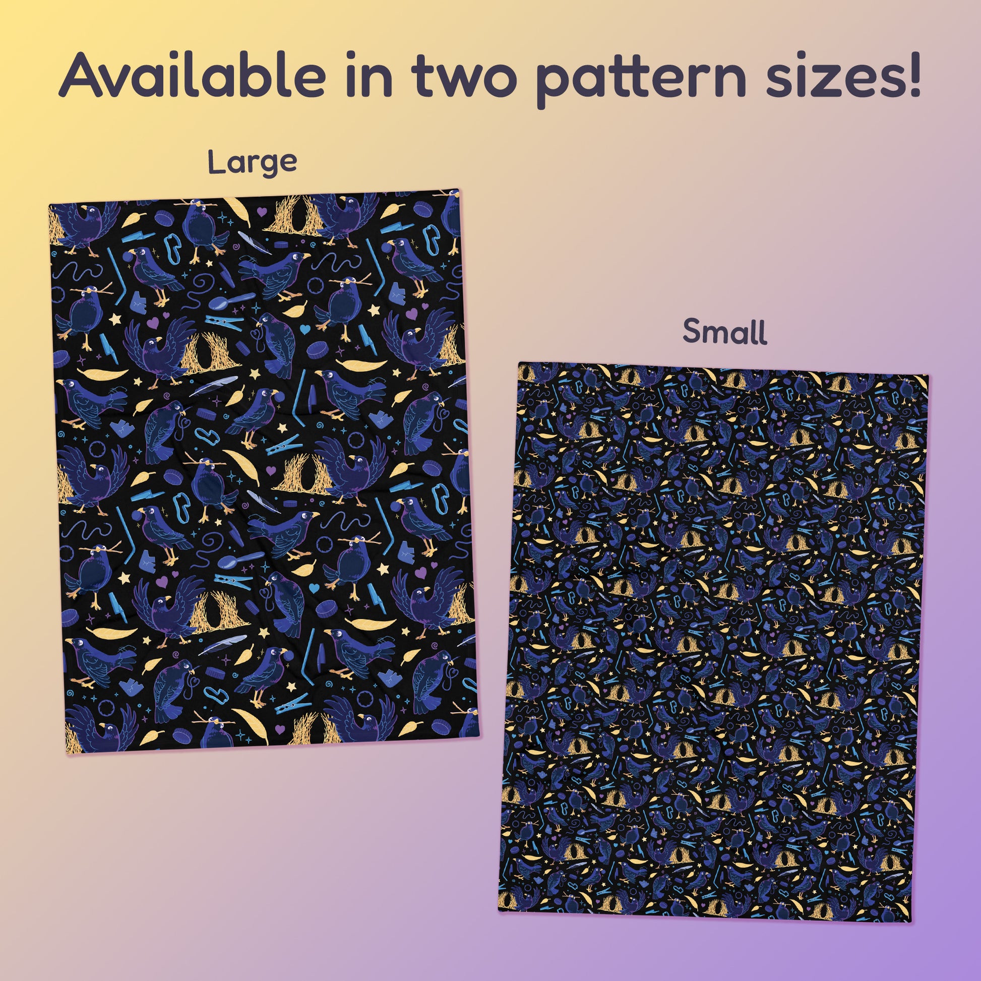 Side-by-side comparison of two pattern print sizes (Large & Small) of a black, blue, purple and yellow male Aussie satin bowerbird pattern blanket on a yellow and purple gradient background.