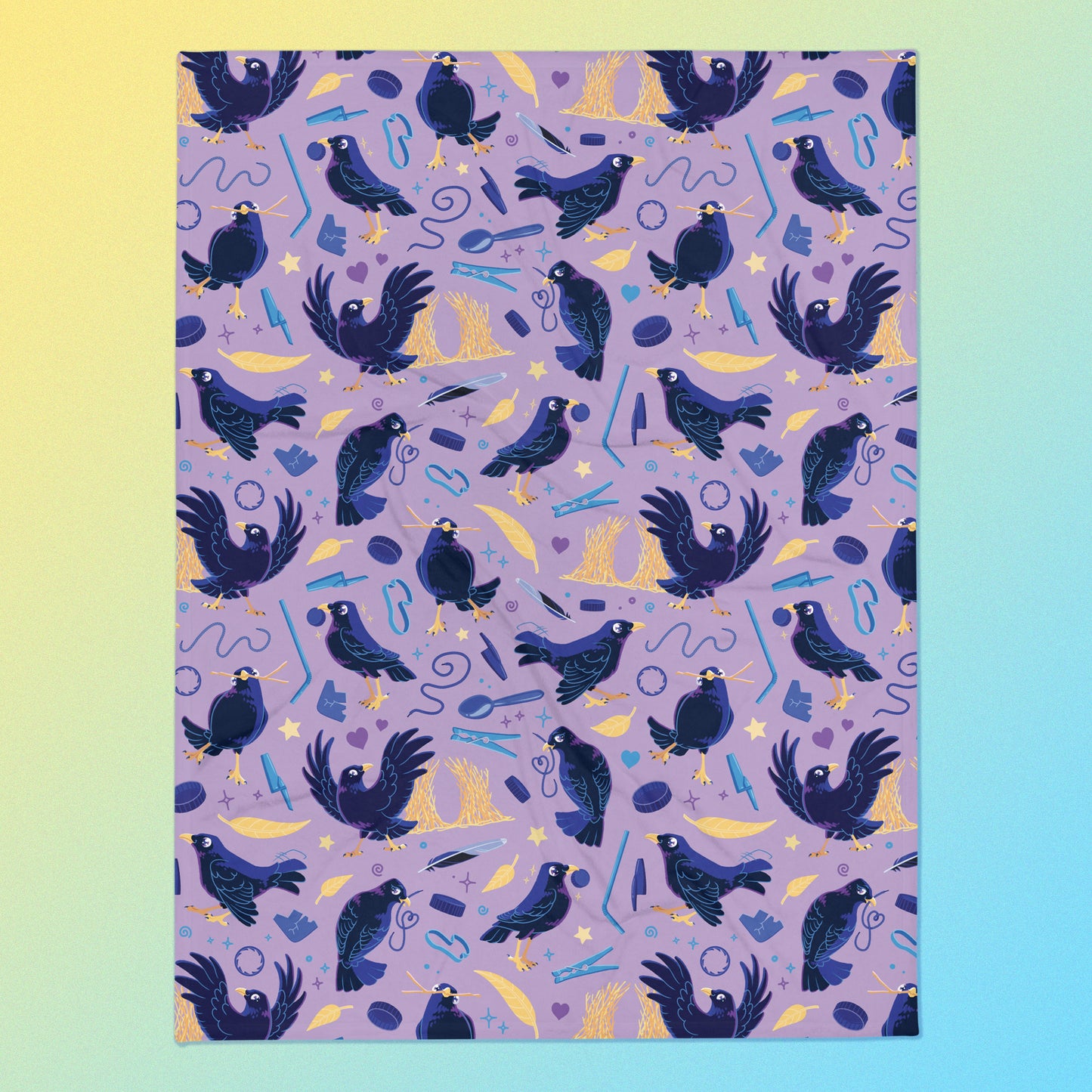 A purple, blue and yellow male Aussie satin bowerbird pattern blanket on a yellow and blue gradient background.