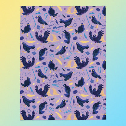 A purple, blue and yellow male Aussie satin bowerbird pattern blanket on a yellow and blue gradient background.