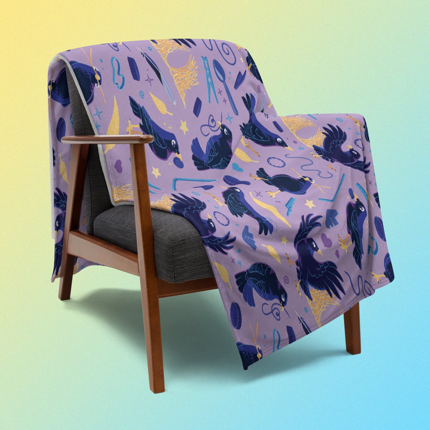 A purple, blue and yellow male Aussie satin bowerbird pattern blanket draped over a wooden chair on a yellow and blue gradient background.