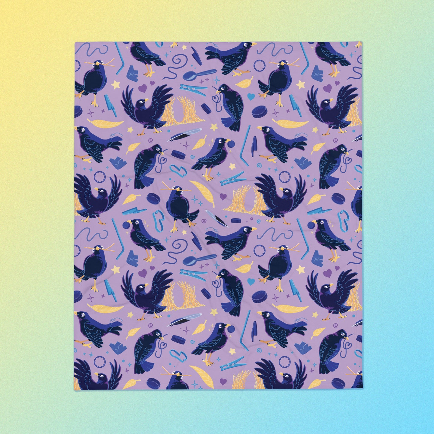 A purple, blue and yellow male Aussie satin bowerbird pattern blanket on a yellow and blue gradient background.