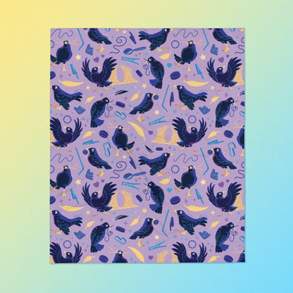 A purple, blue and yellow male Aussie satin bowerbird pattern blanket on a yellow and blue gradient background.