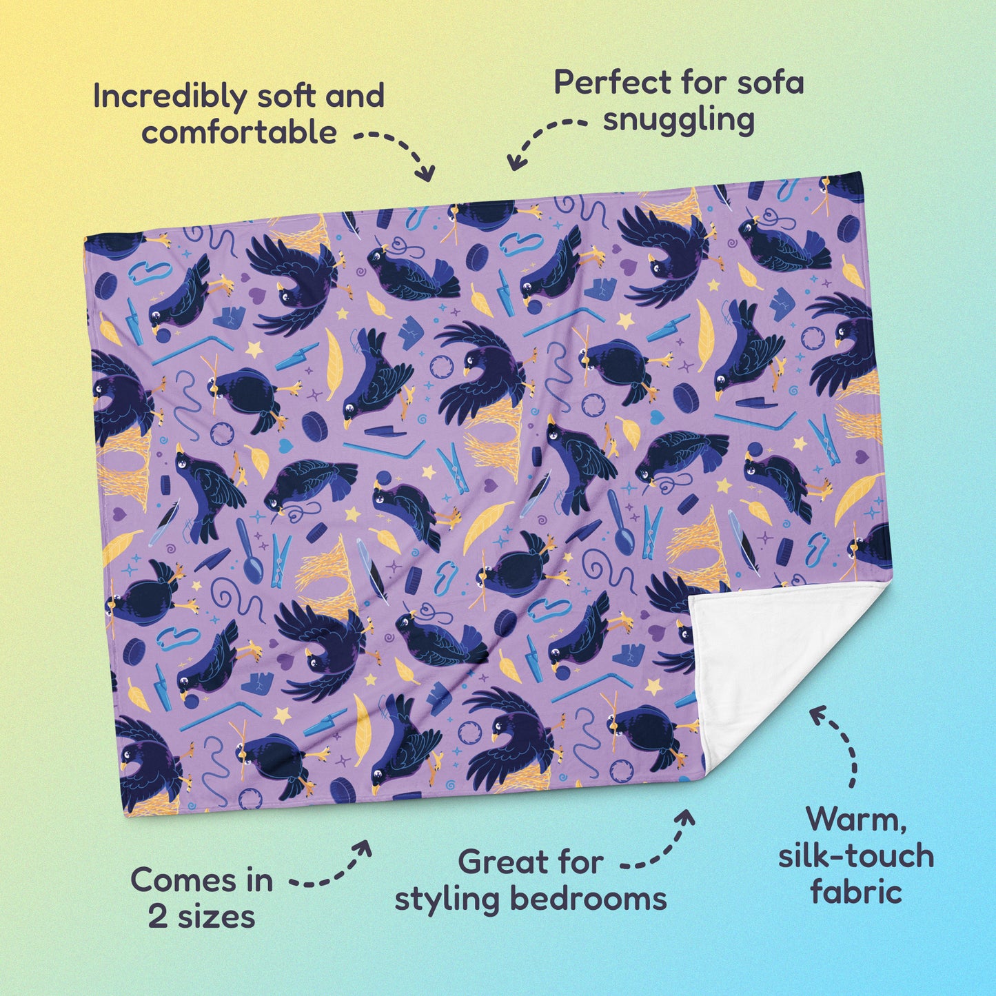 Features & benefits (Incredibly soft & comfortable', 'Perfect for sofa snuggling', 'Comes in 2 sizes', 'Great for styling bedrooms', 'Warm silk-touch fabric') surrounding a purple, blue and yellow male Aussie satin bowerbird pattern blanket on a yellow and blue gradient background.
