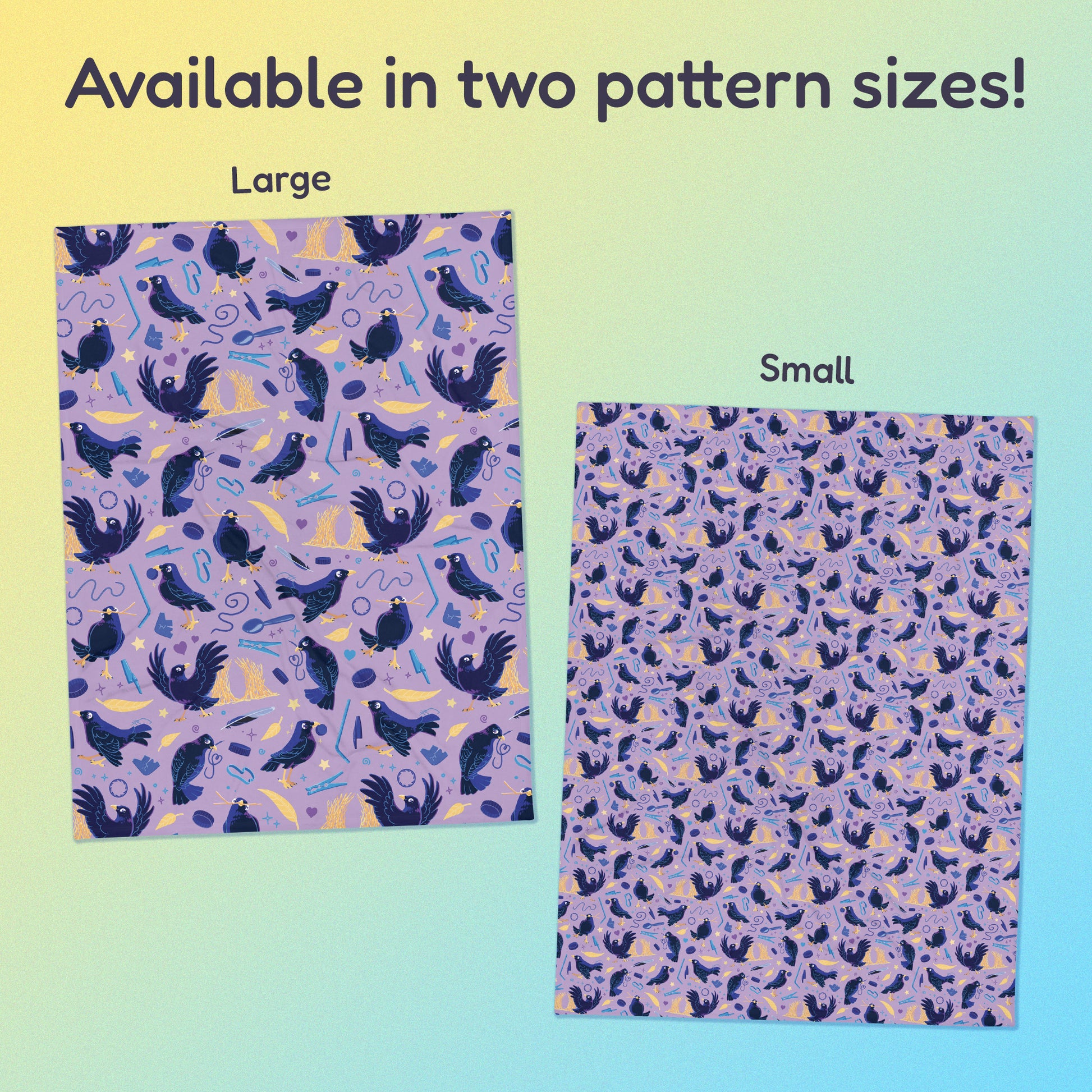 Side-by-side comparison of two pattern print sizes (Large & Small) of a purple, blue and yellow male Aussie satin bowerbird pattern blanket on a yellow and blue gradient background.
